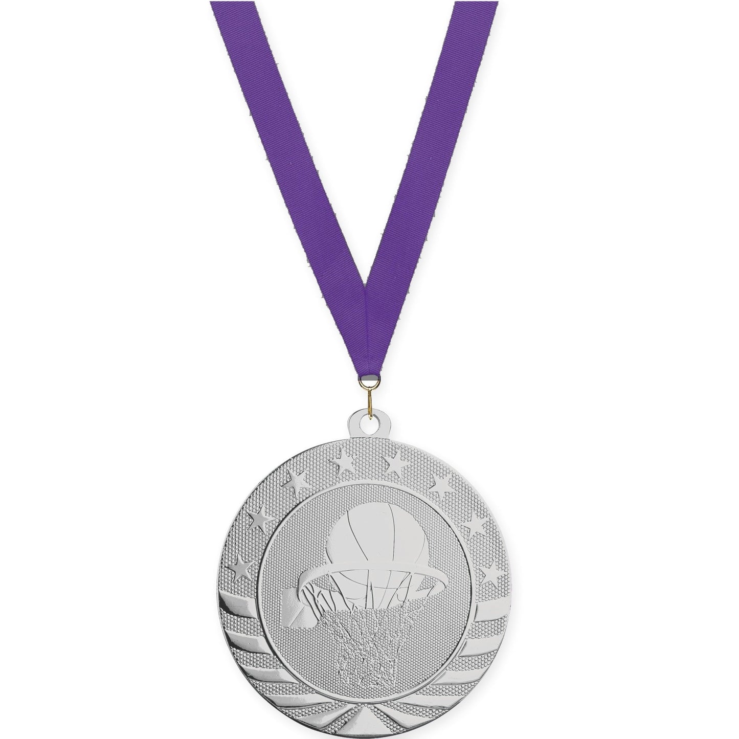 2 3/4 inch basketball Starbrite medal in bright silver with Purple neck ribbon