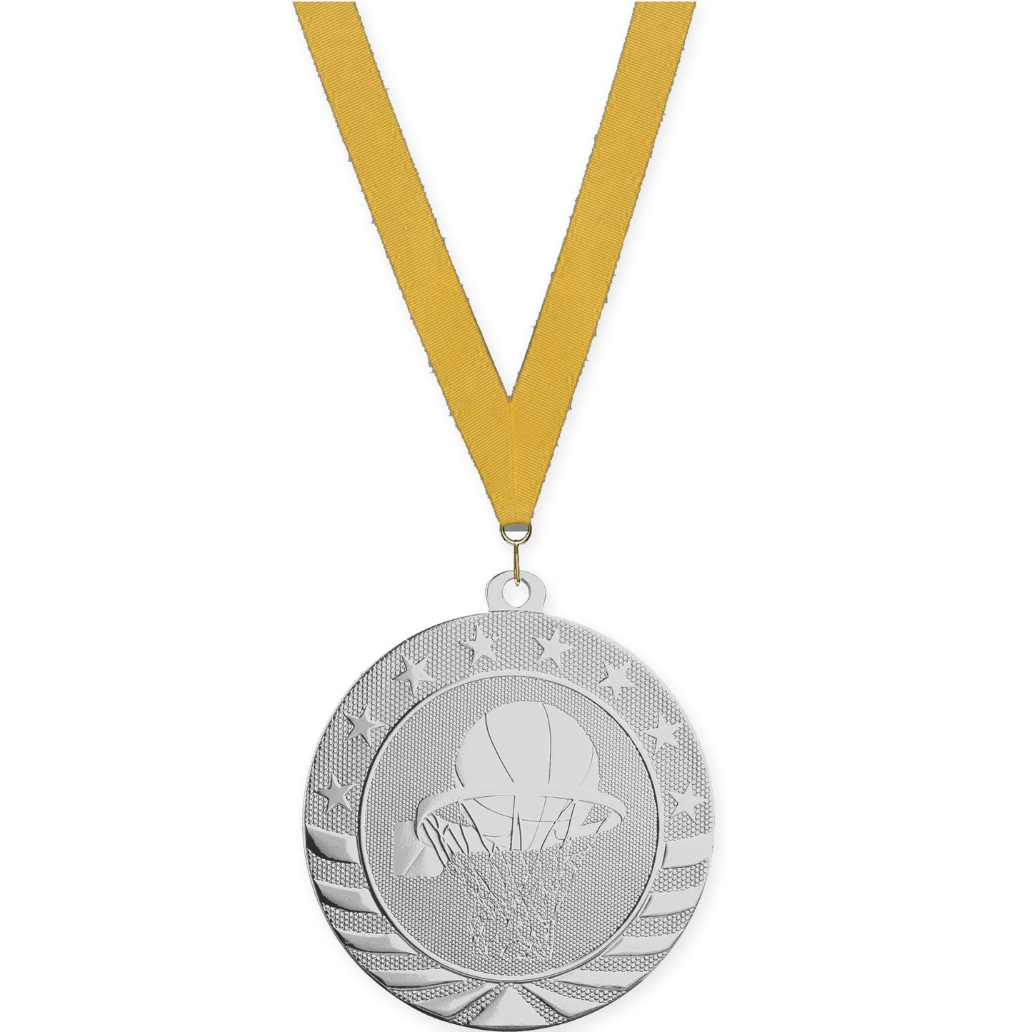 2 3/4 inch basketball Starbrite medal in bright silver with Gold neck ribbon