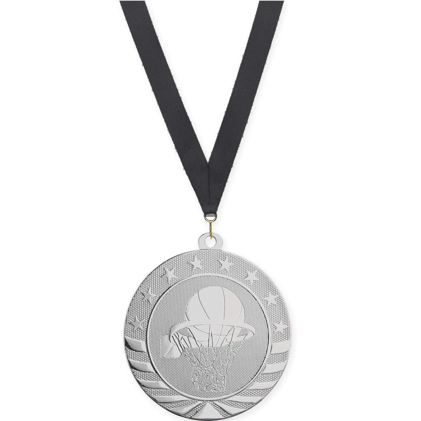 2 3/4 inch basketball Starbrite medal in bright silver with Black neck ribbon