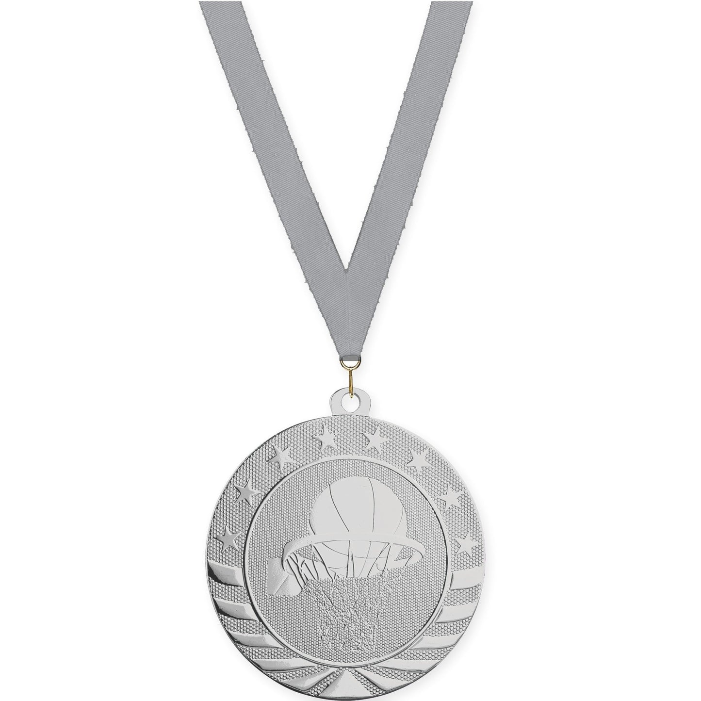 2 3/4 inch basketball Starbrite medal in bright silver with Gray neck ribbon