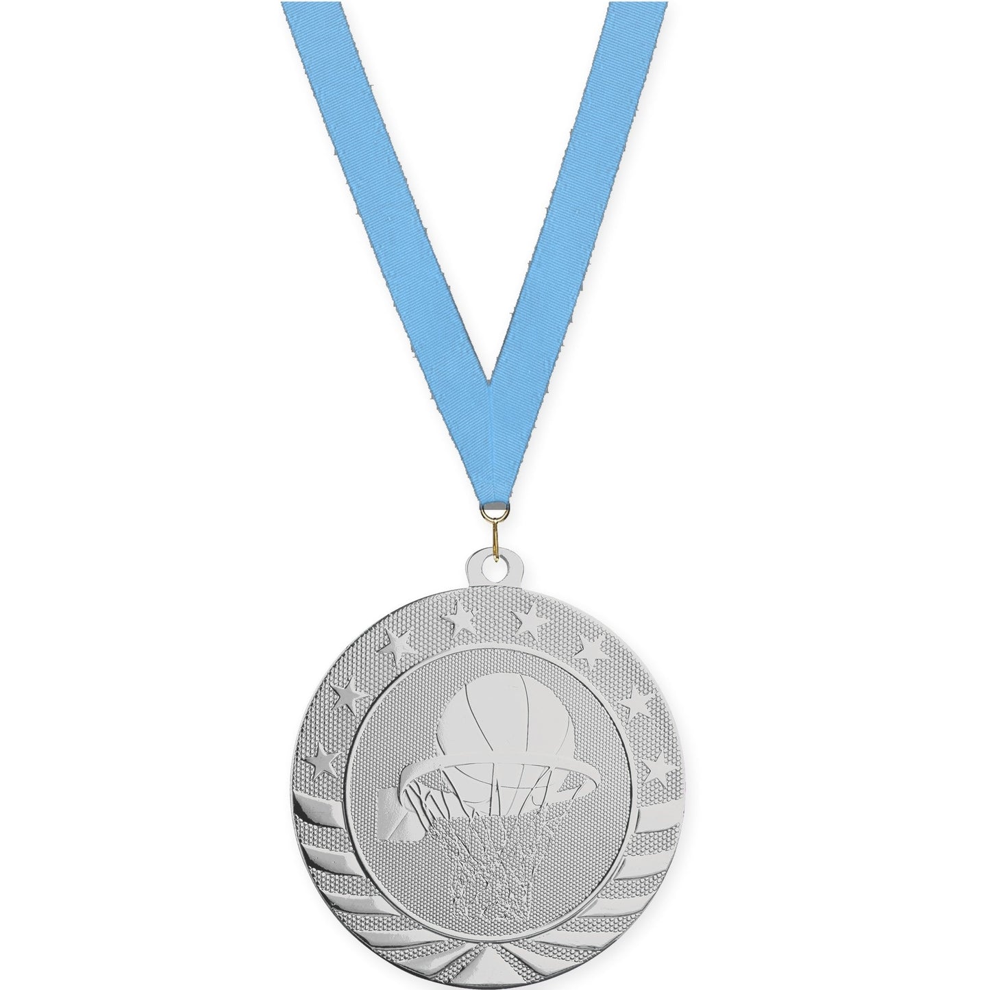2 3/4 inch basketball Starbrite medal in bright silver with Light Blue neck ribbon