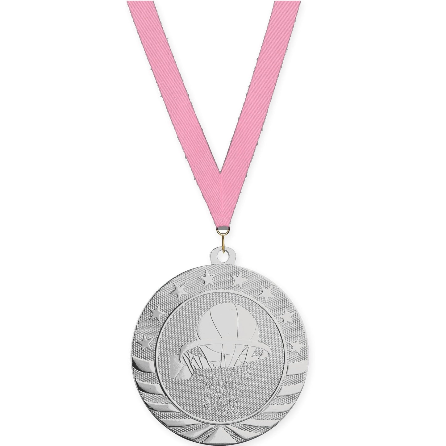 2 3/4 inch basketball Starbrite medal in bright silver with Pink neck ribbon