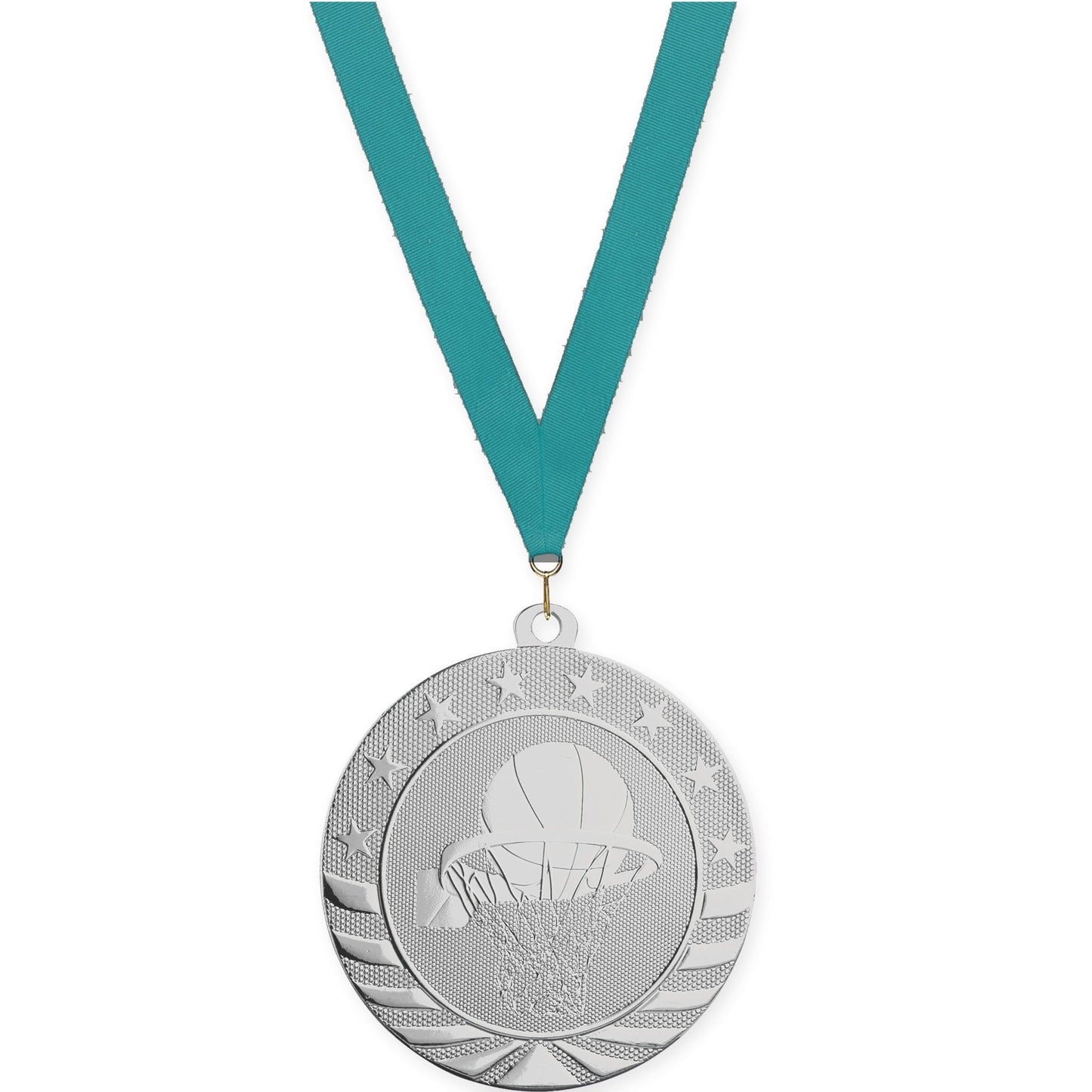 2 3/4 inch basketball Starbrite medal in bright silver with Teal neck ribbon