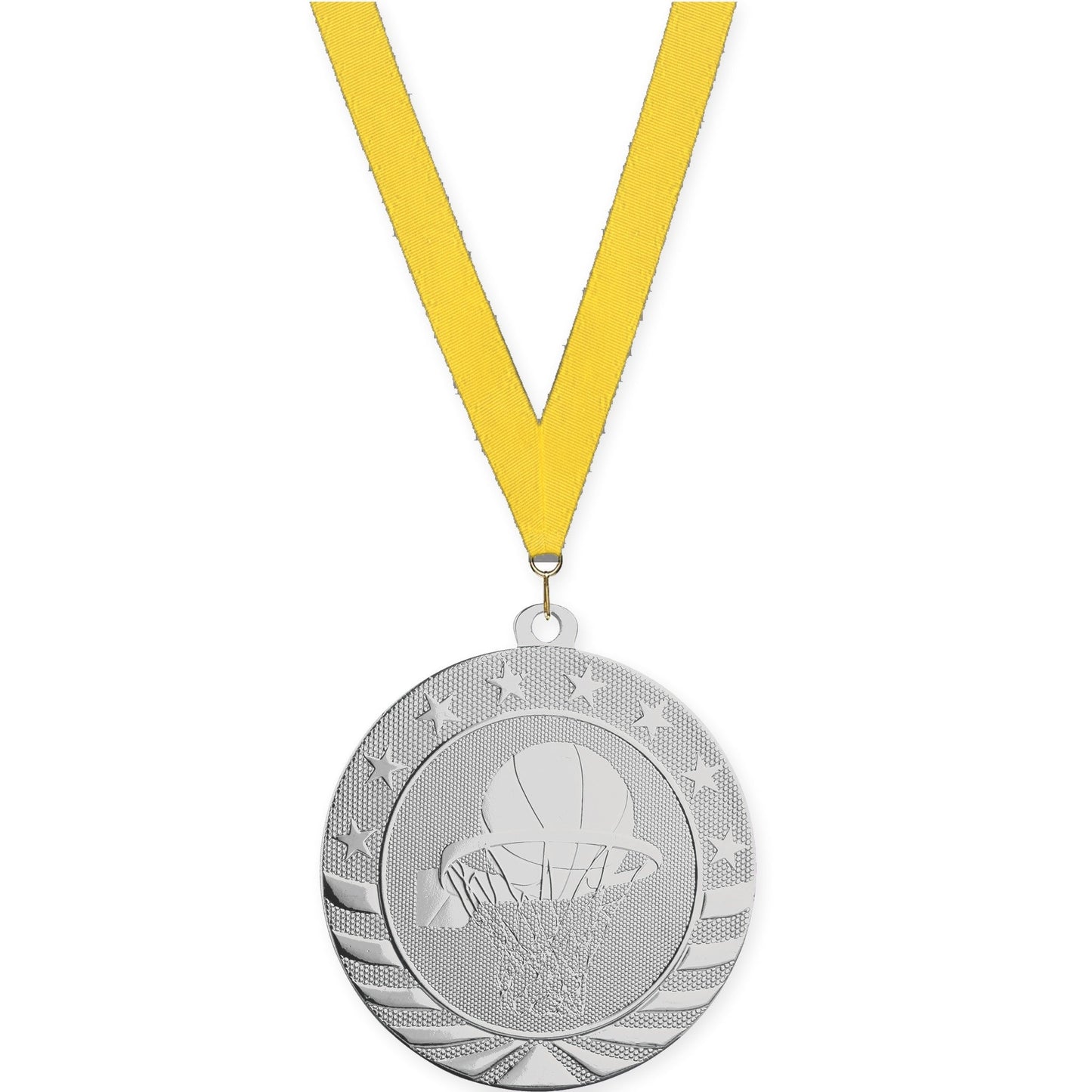 2 3/4 inch basketball Starbrite medal in bright silver with Yellow neck ribbon