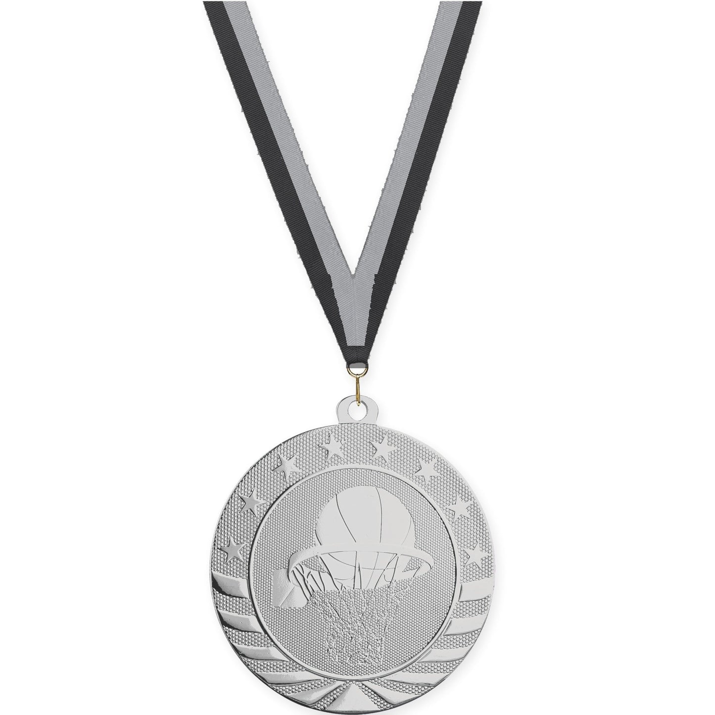 2 3/4 inch basketball Starbrite medal in bright silver with Black Gray neck ribbon