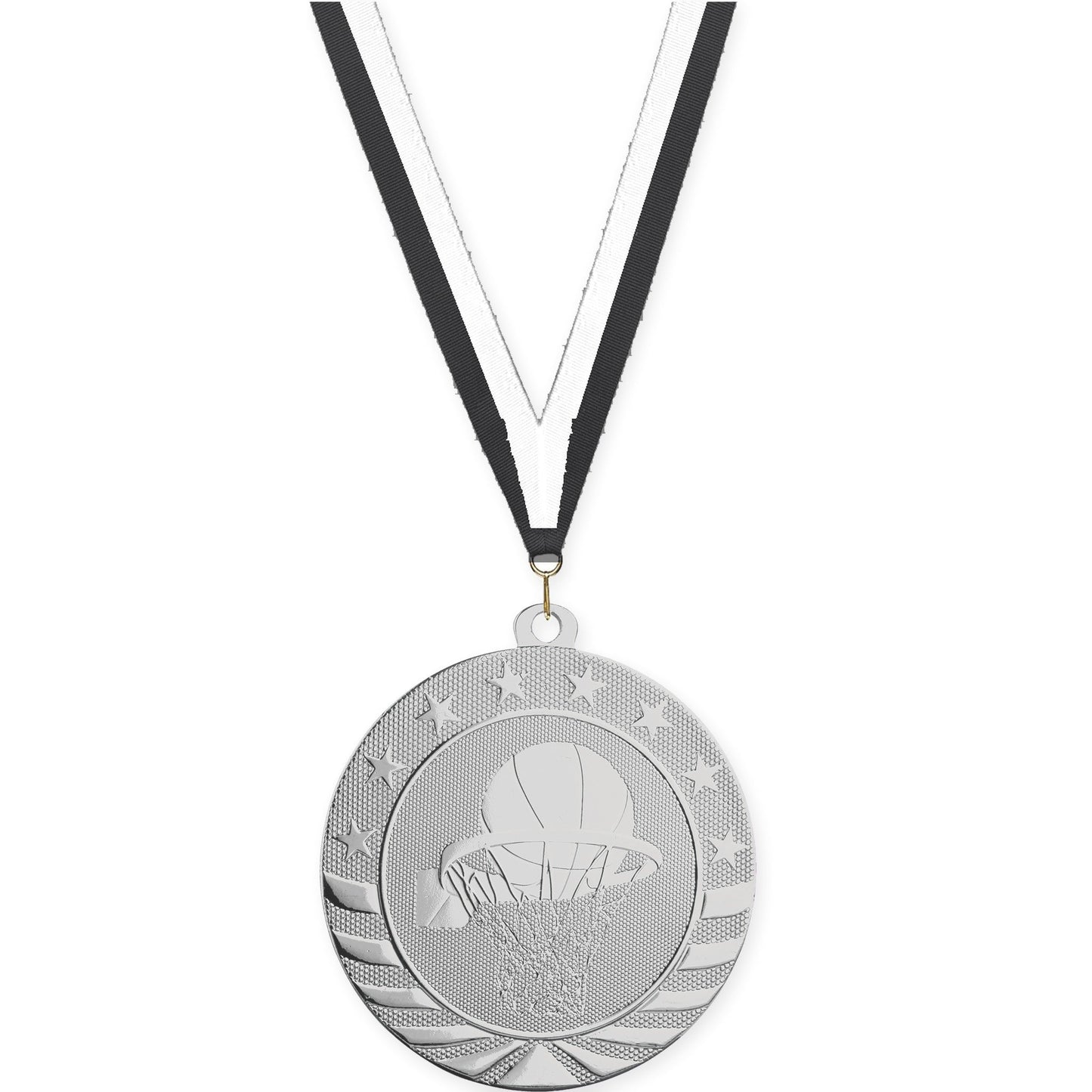 2 3/4 inch basketball Starbrite medal in bright silver with Black White neck ribbon