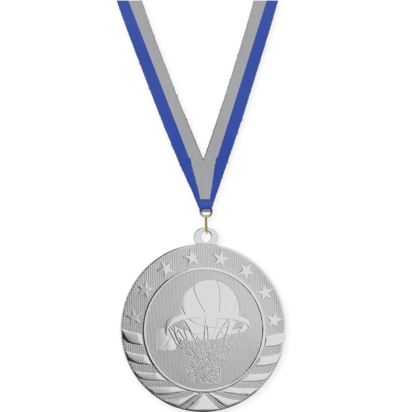 2 3/4 inch basketball Starbrite medal in bright silver with Blue Gray neck ribbon