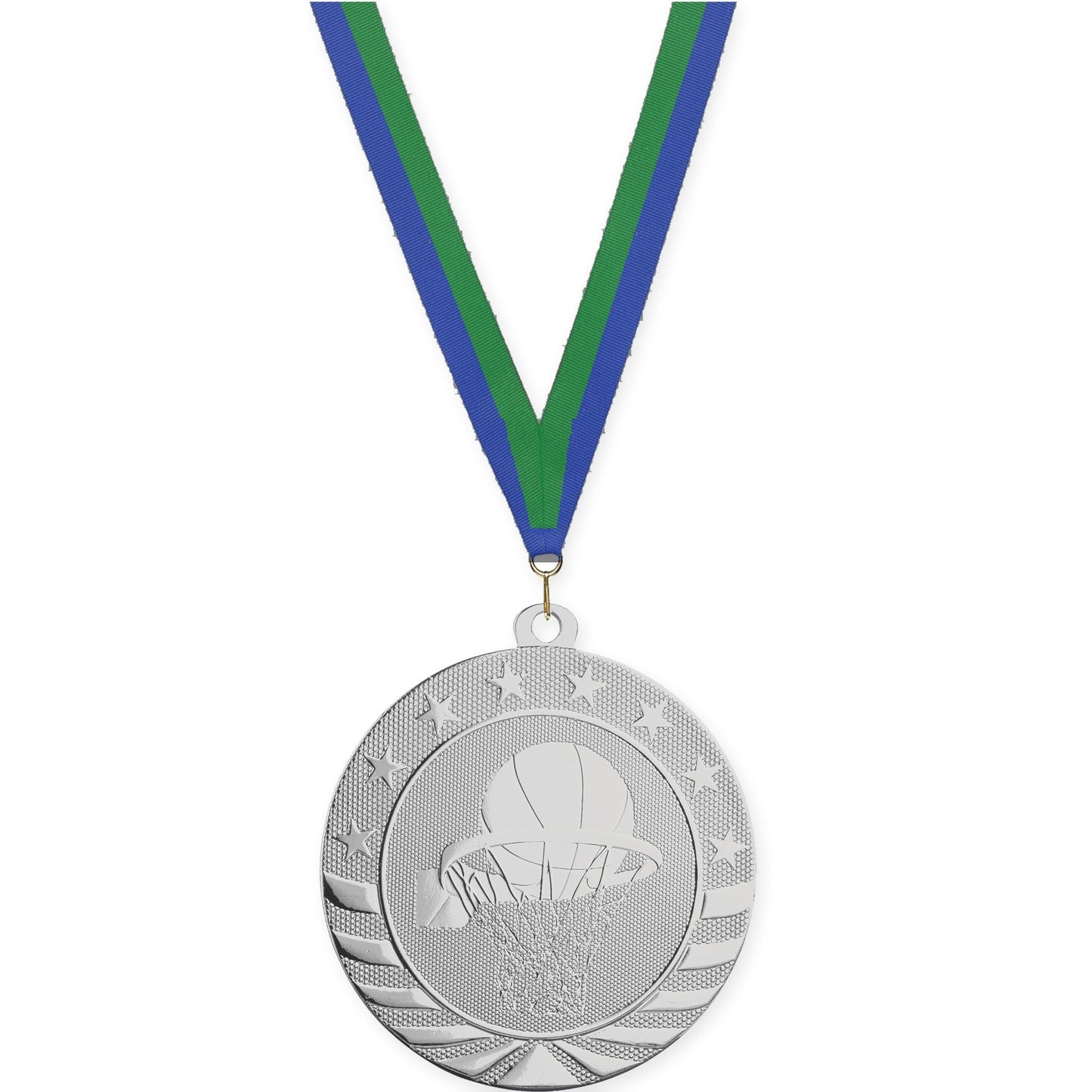 2 3/4 inch basketball Starbrite medal in bright silver with Blue Green neck ribbon
