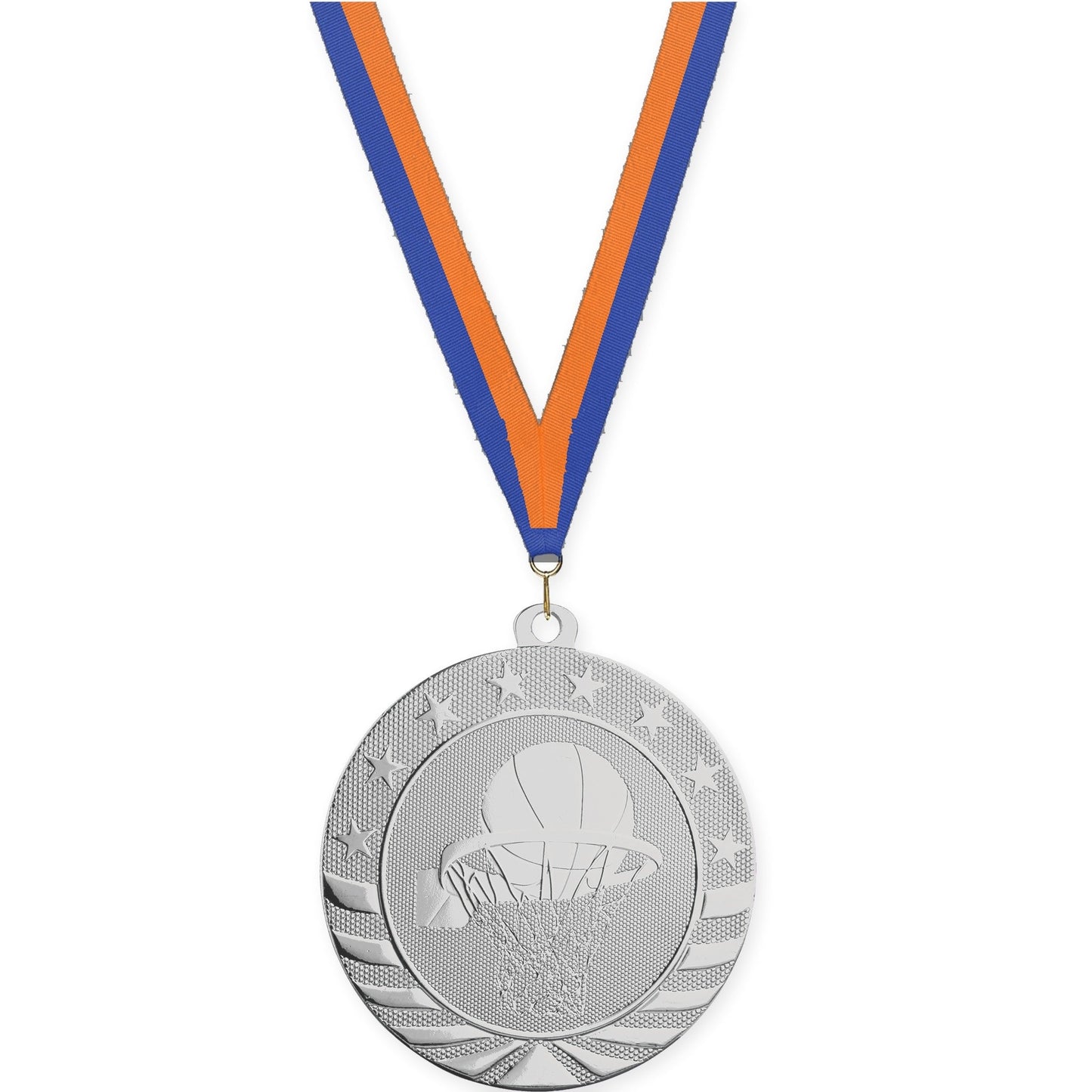 2 3/4 inch basketball Starbrite medal in bright silver with Blue Orange neck ribbon