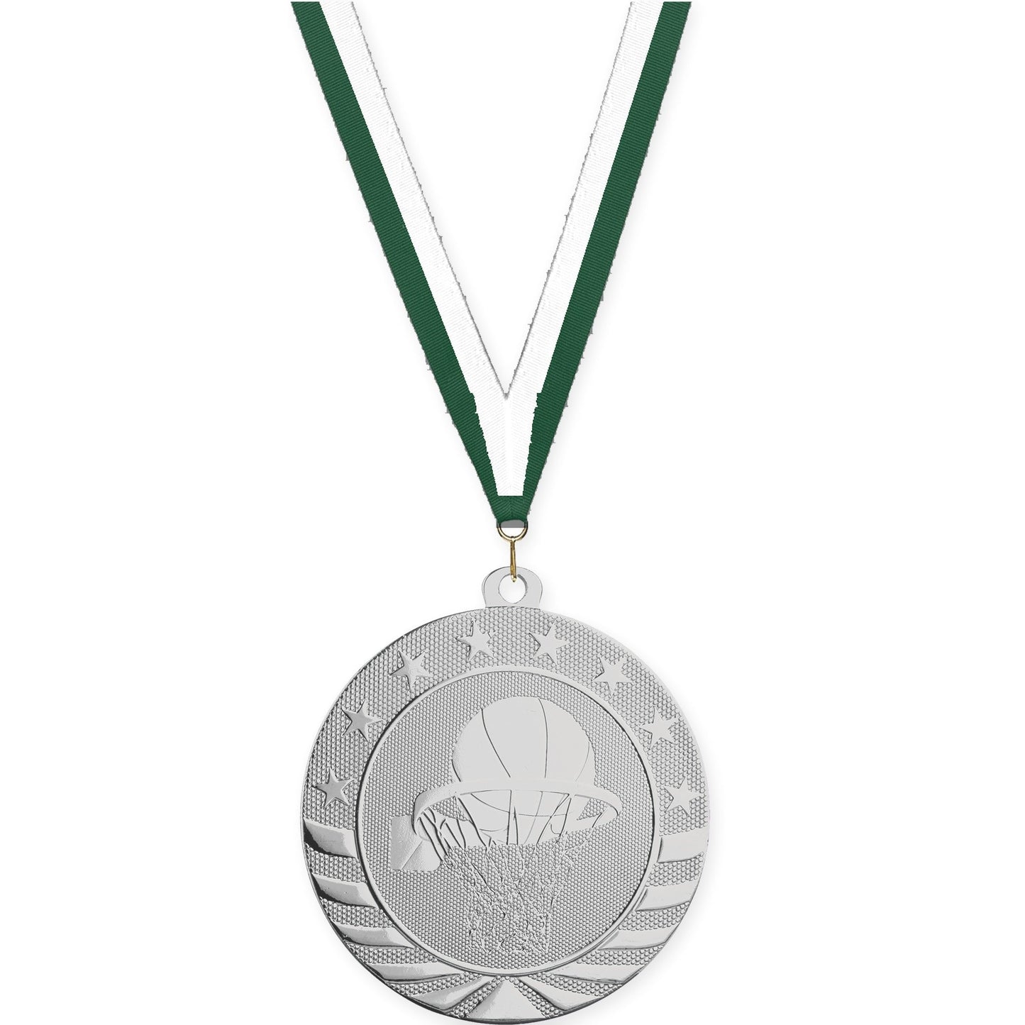 2 3/4 inch basketball Starbrite medal in bright silver with Hunter Green White neck ribbon