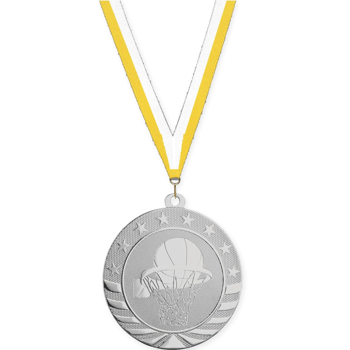 2 3/4 inch basketball Starbrite medal in bright silver with Yellow White neck ribbon