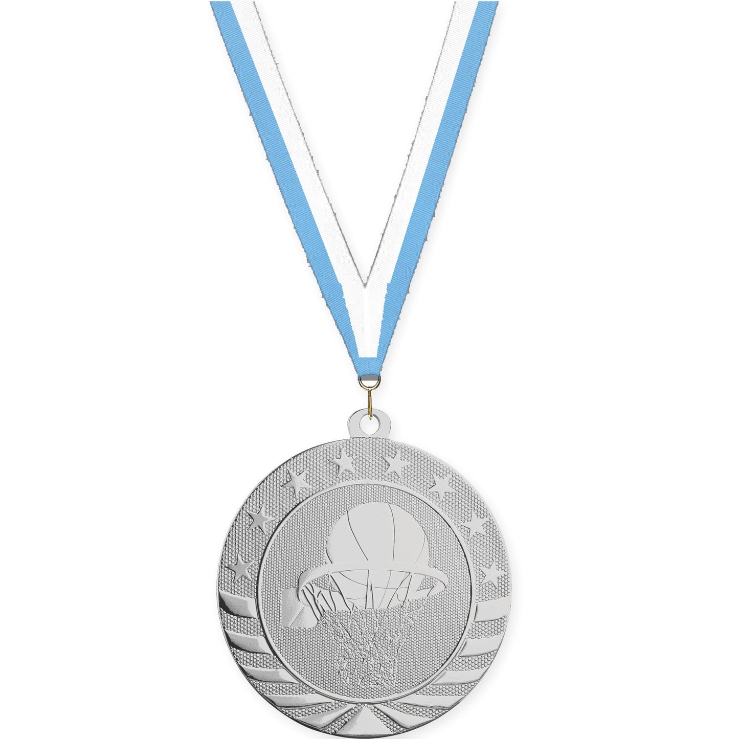 2 3/4 inch basketball Starbrite medal in bright silver with Light Blue White neck ribbon