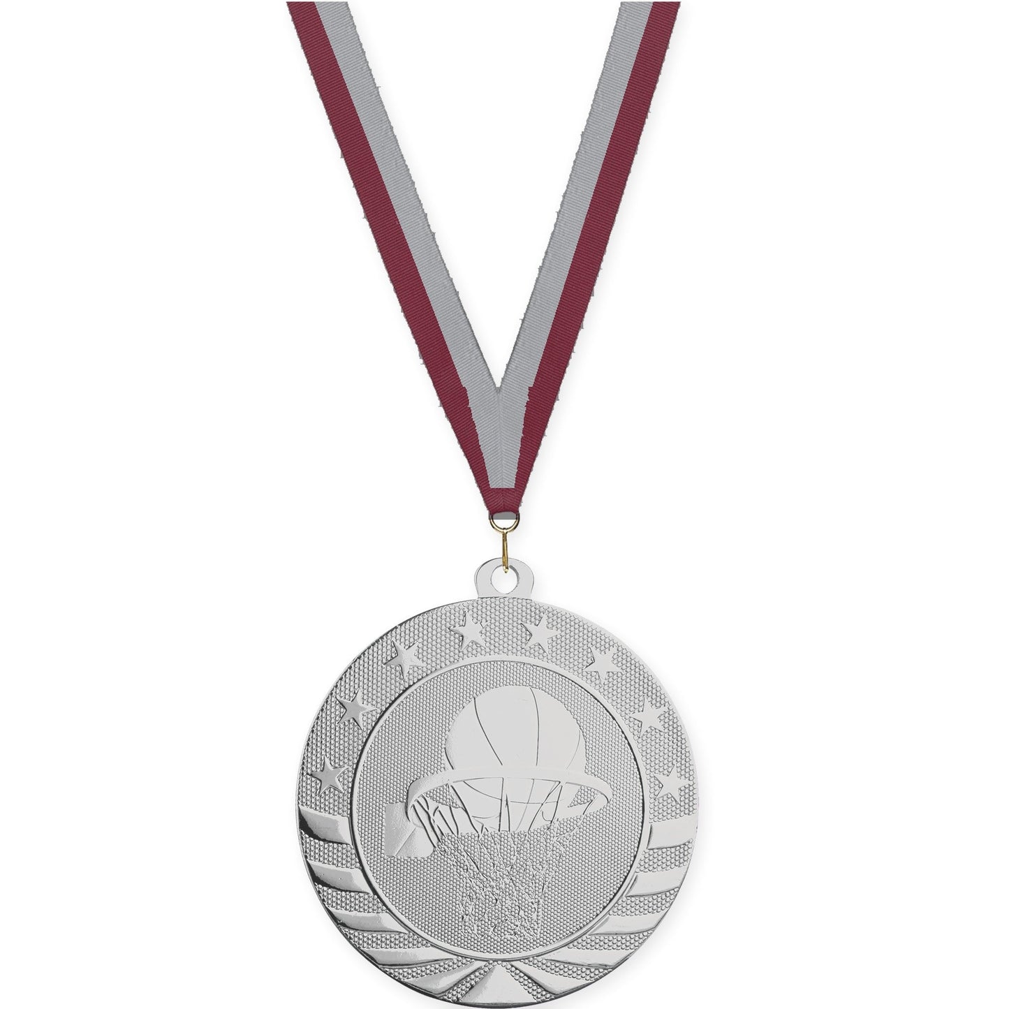 2 3/4 inch basketball Starbrite medal in bright silver with Maroon Gray neck ribbon