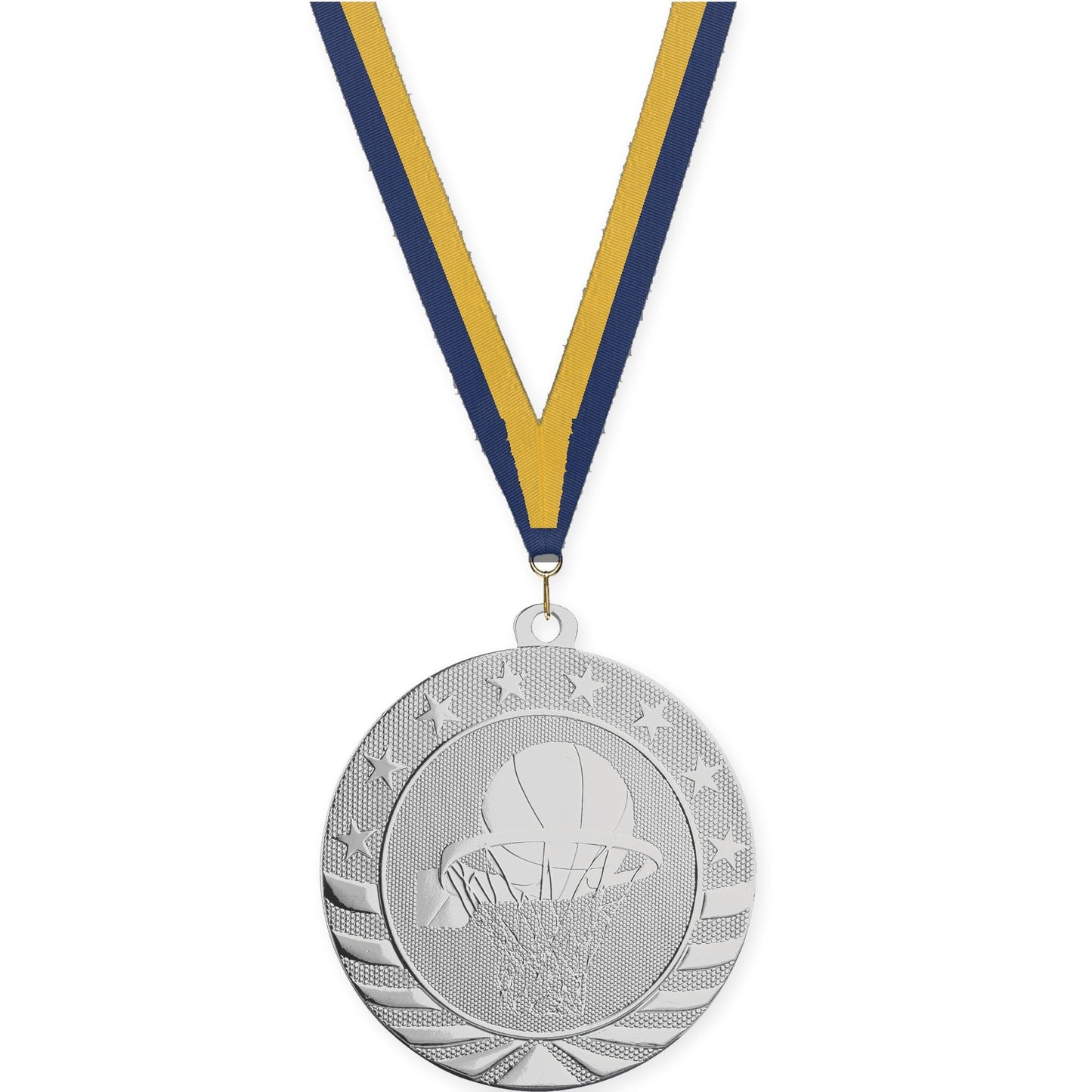 2 3/4 inch basketball Starbrite medal in bright silver with Navy Gold neck ribbon