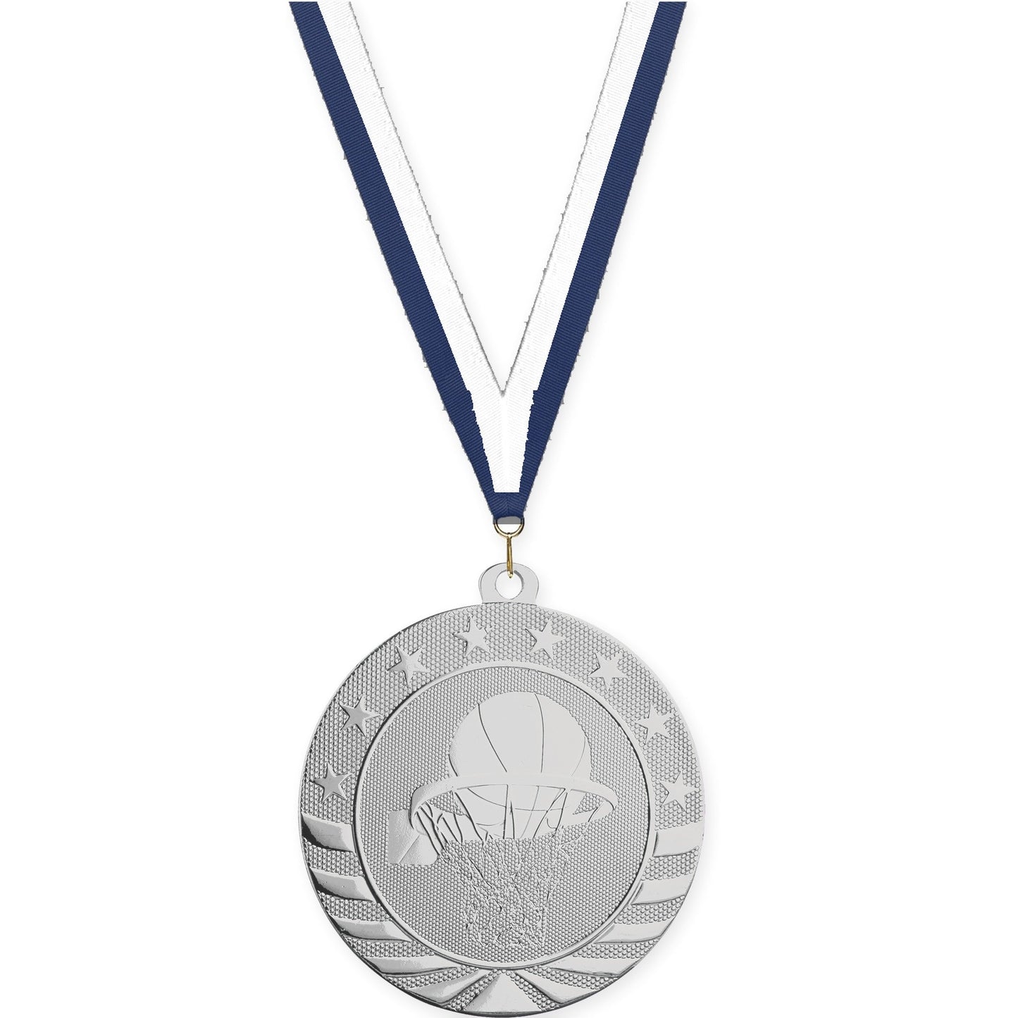 2 3/4 inch basketball Starbrite medal in bright silver with Navy White neck ribbon