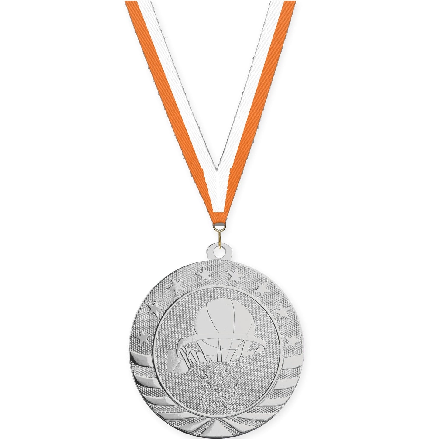 2 3/4 inch basketball Starbrite medal in bright silver with Orange White neck ribbon