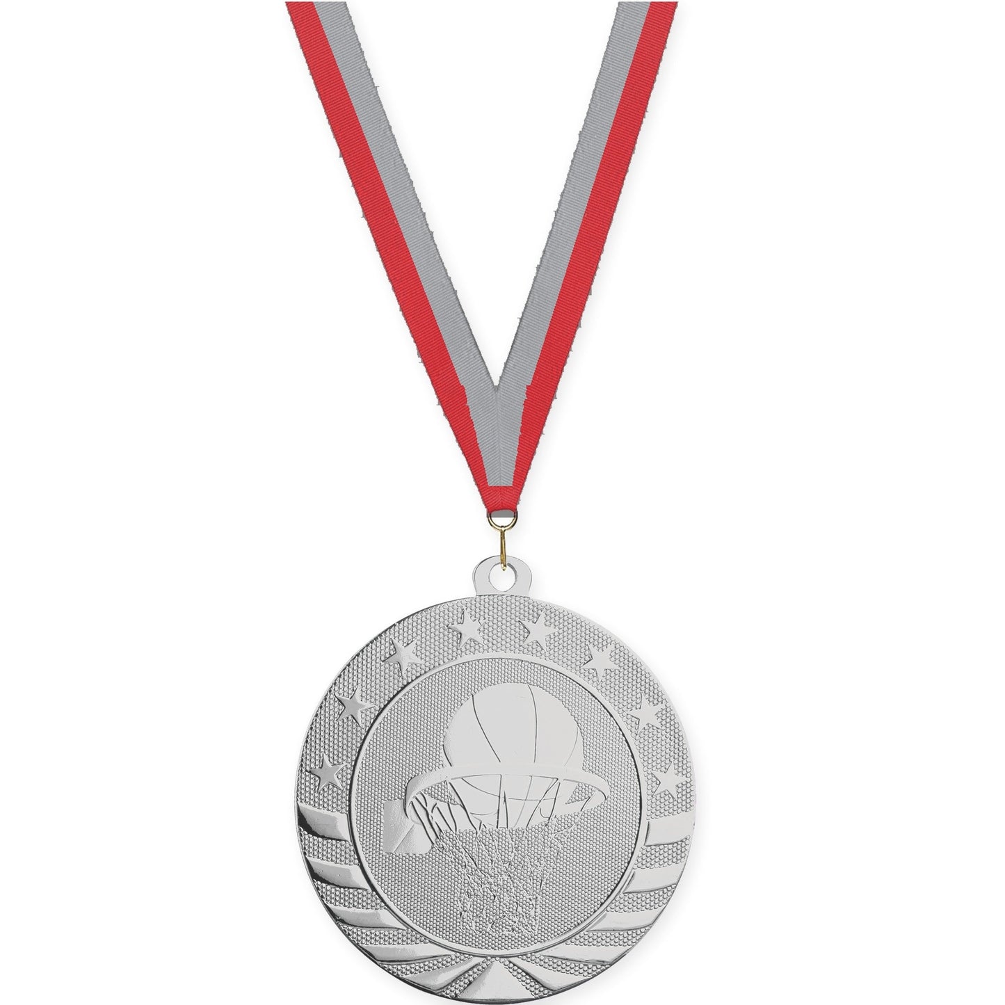 2 3/4 inch basketball Starbrite medal in bright silver with Red Gray neck ribbon