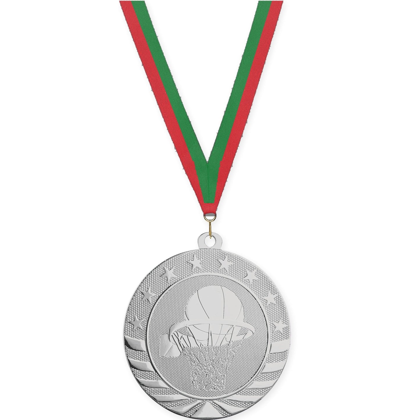 2 3/4 inch basketball Starbrite medal in bright silver with Red Green neck ribbon