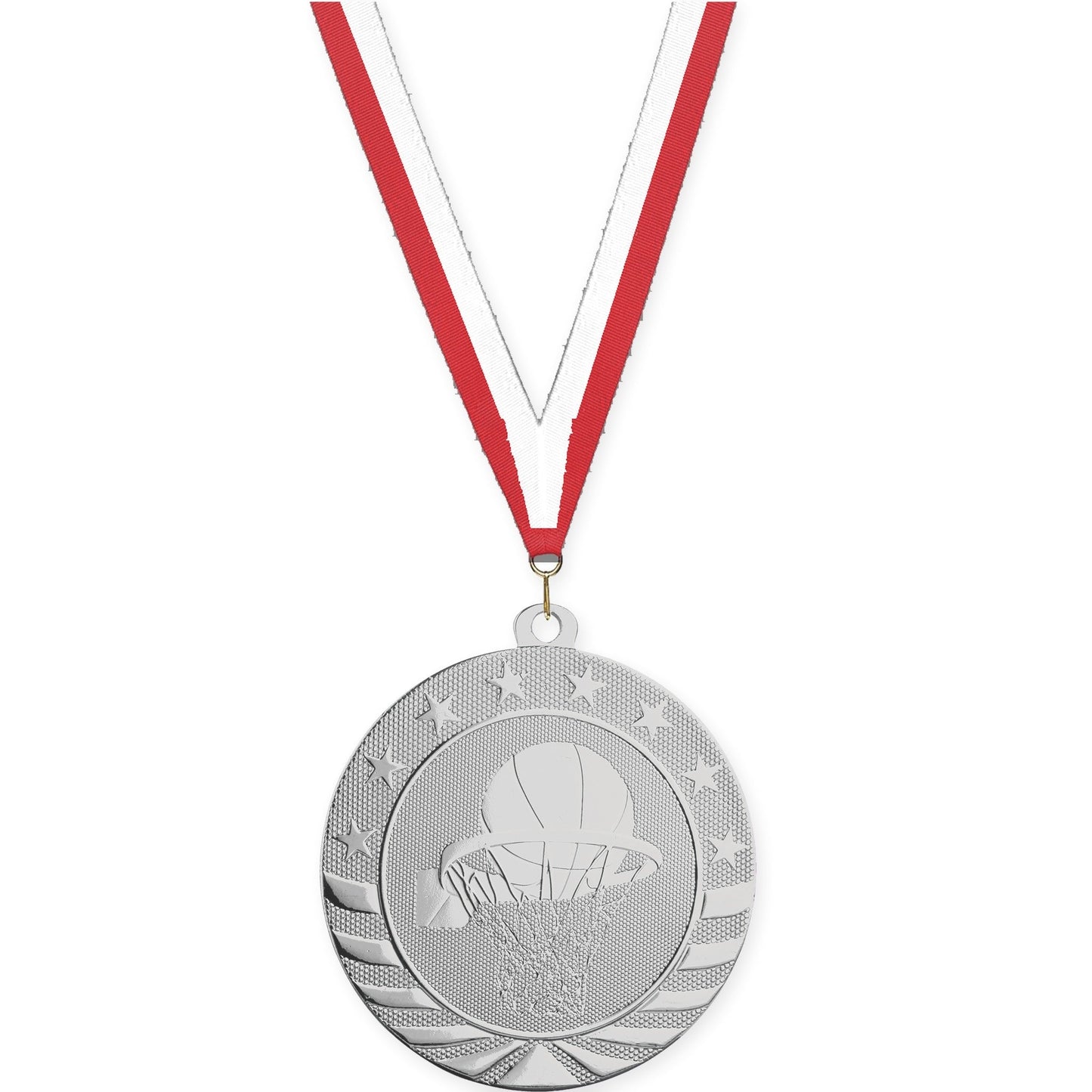 2 3/4 inch basketball Starbrite medal in bright silver with Red White neck ribbon
