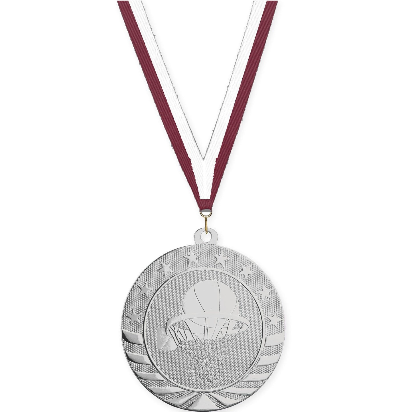 2 3/4 inch basketball Starbrite medal in bright silver with Maroon White neck ribbon