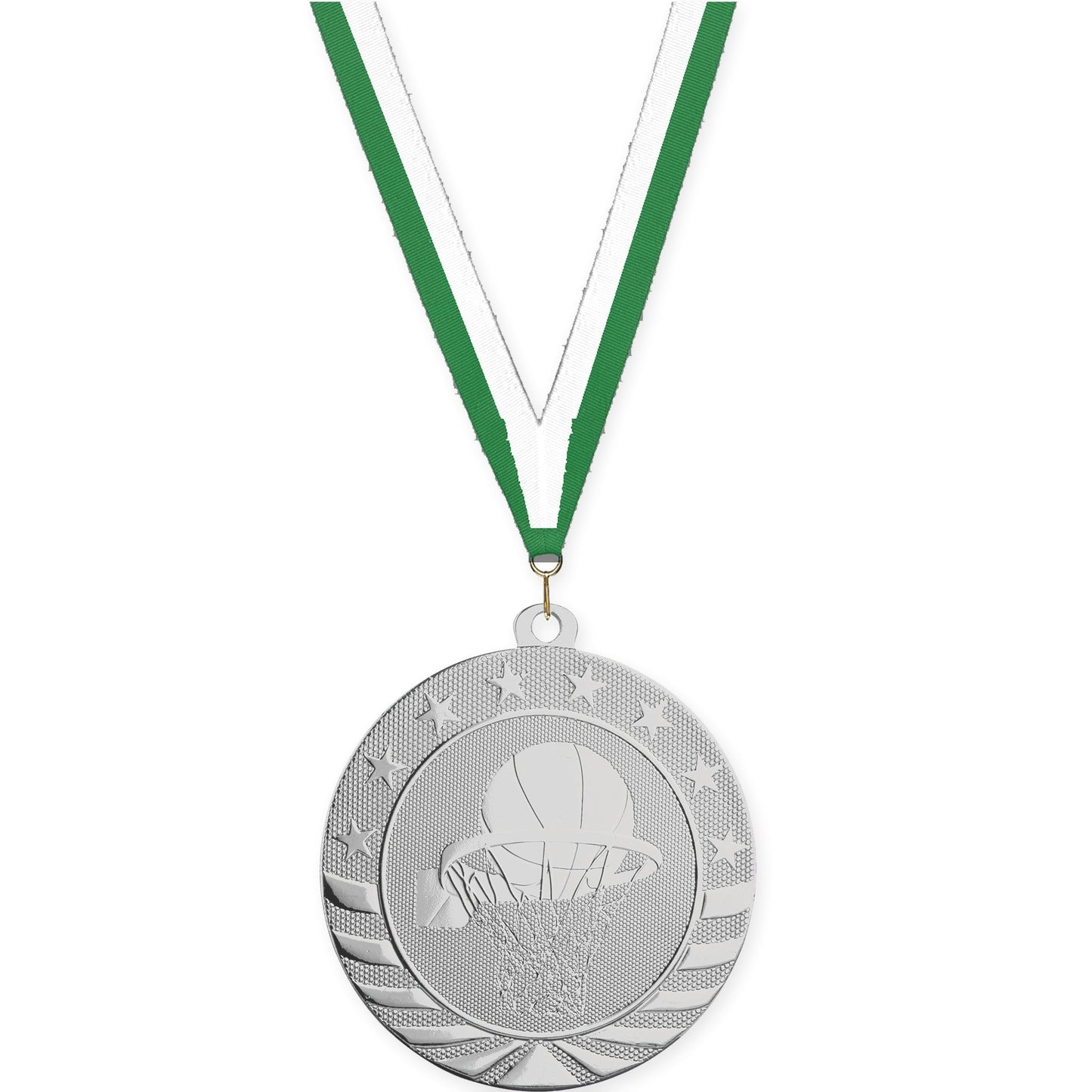 2 3/4 inch basketball Starbrite medal in bright silver with Green White neck ribbon