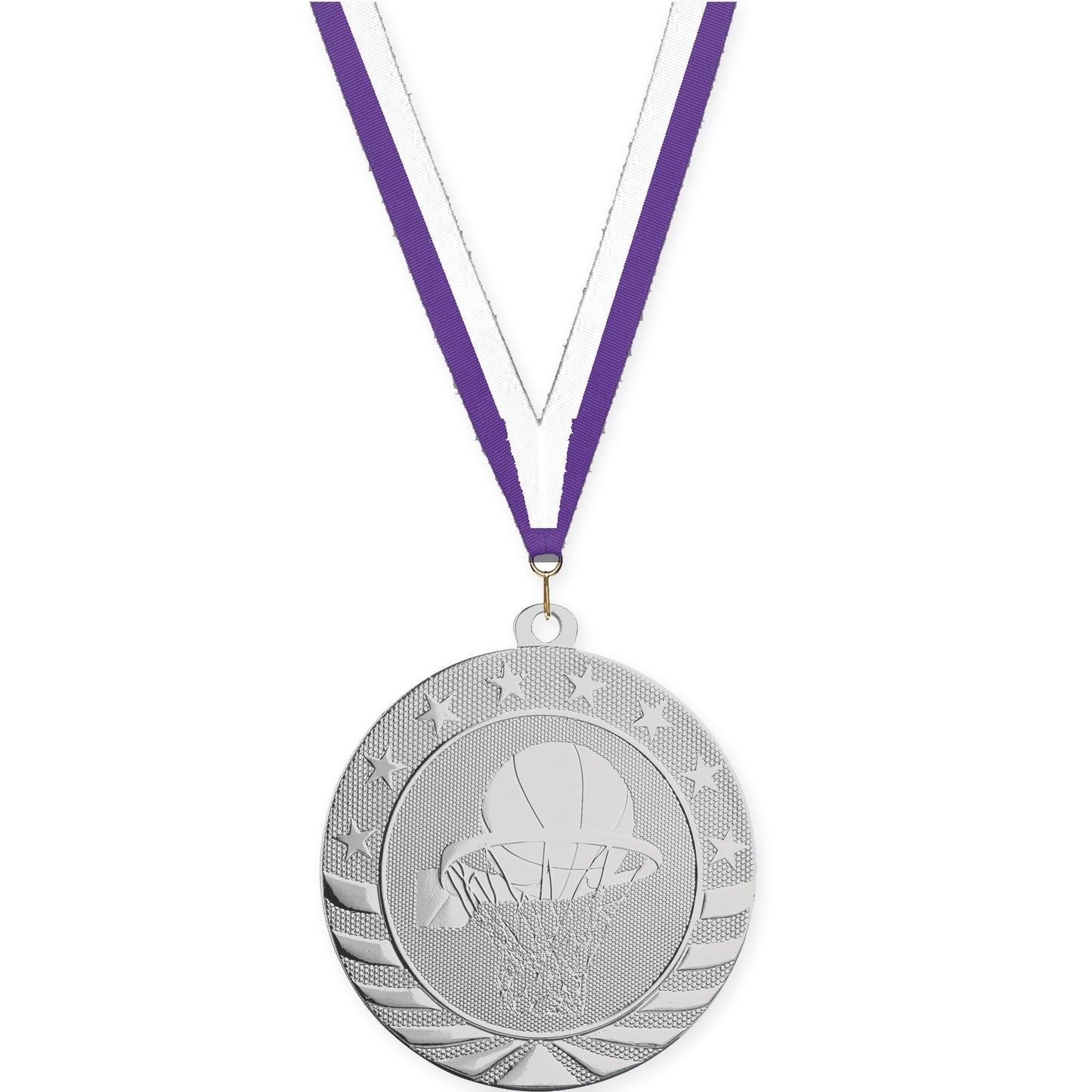2 3/4 inch basketball Starbrite medal in bright silver with Purple White neck ribbon