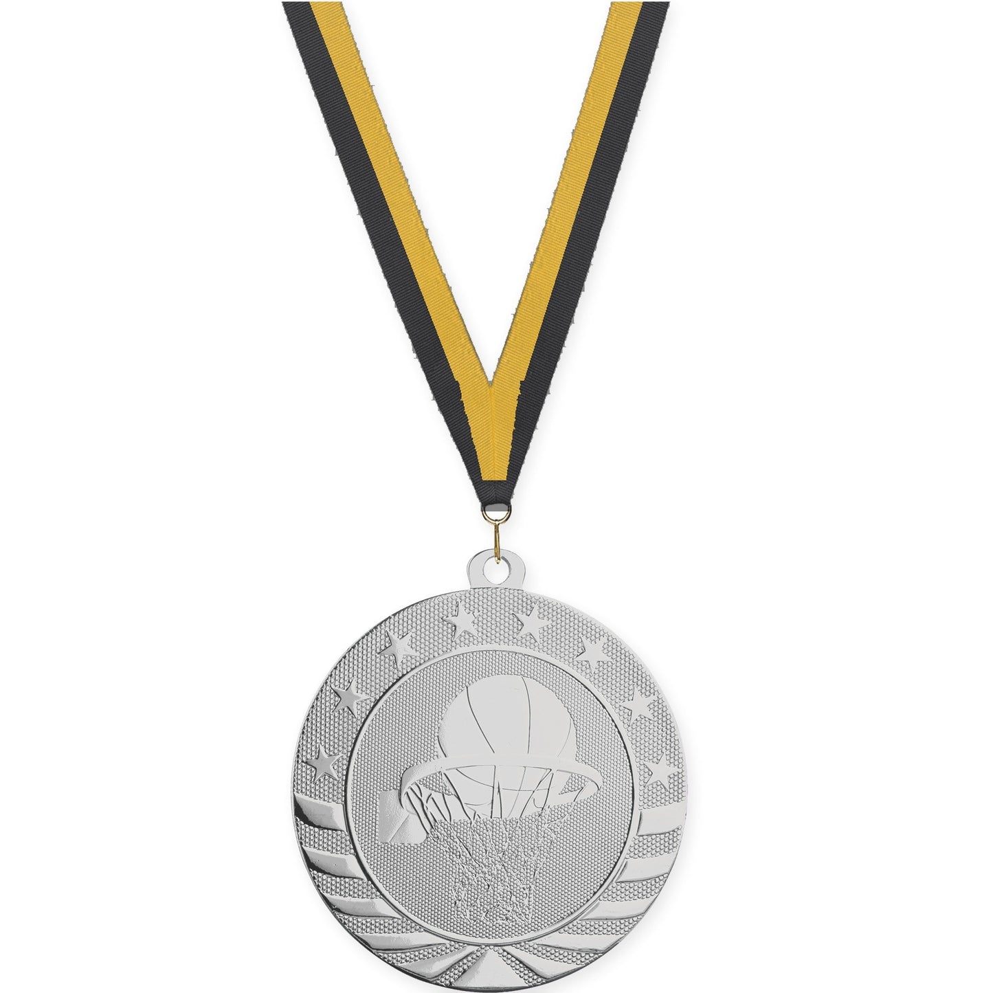 2 3/4 inch basketball Starbrite medal in bright silver with Black Gold neck ribbon