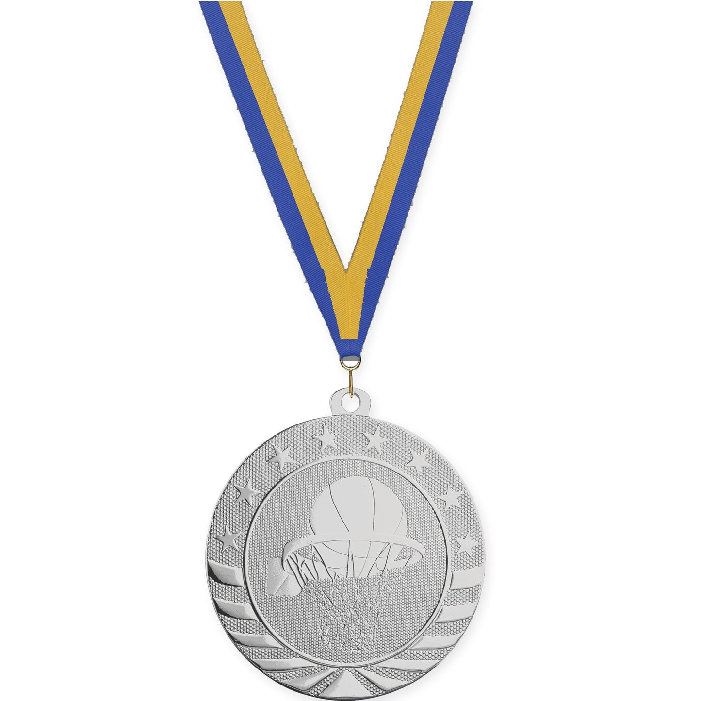 2 3/4 inch basketball Starbrite medal in bright silver with Blue Gold neck ribbon