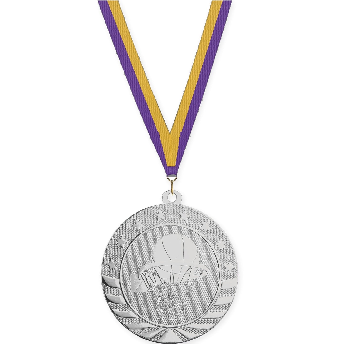 2 3/4 inch basketball Starbrite medal in bright silver with Purple Gold neck ribbon