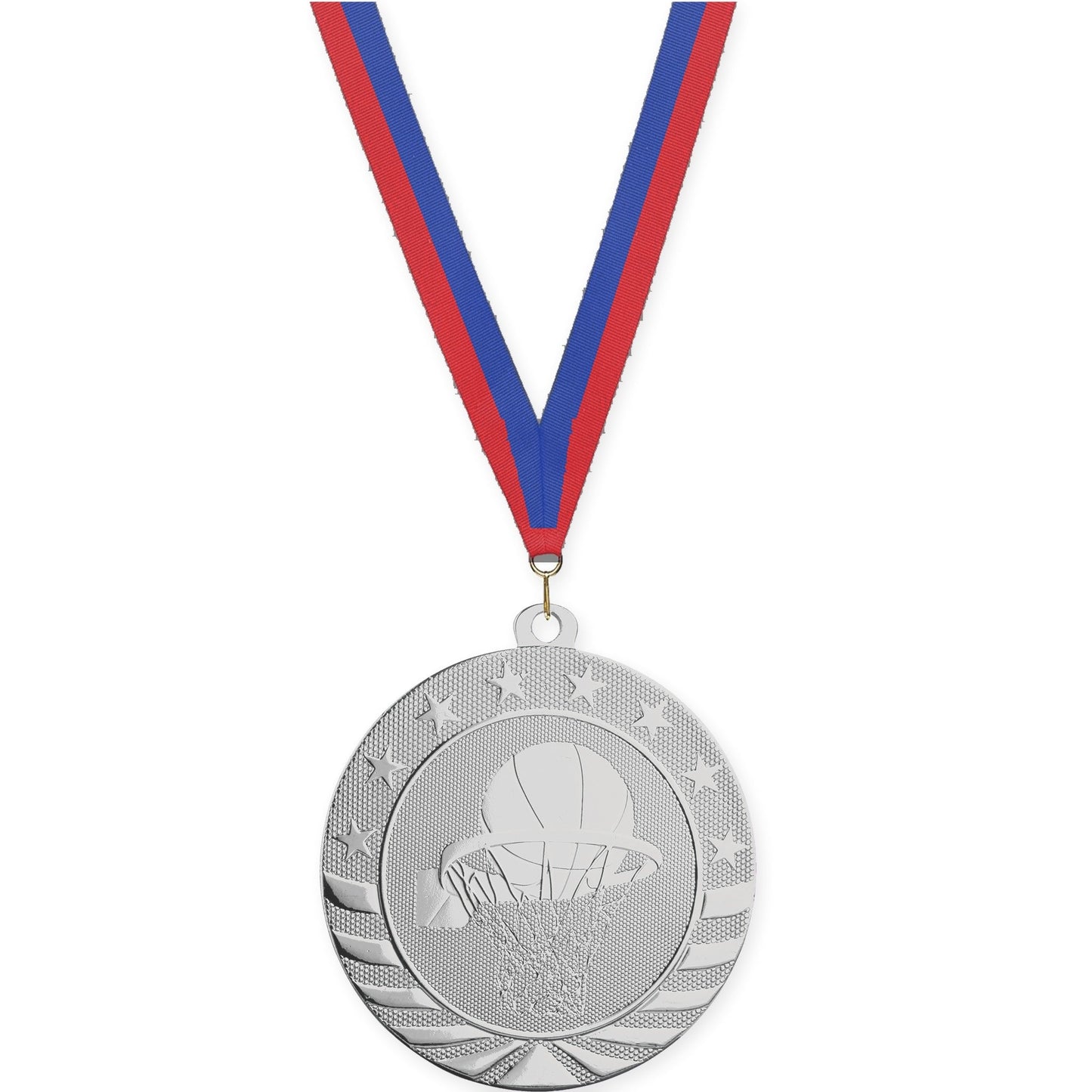 2 3/4 inch basketball Starbrite medal in bright silver with Blue Red neck ribbon