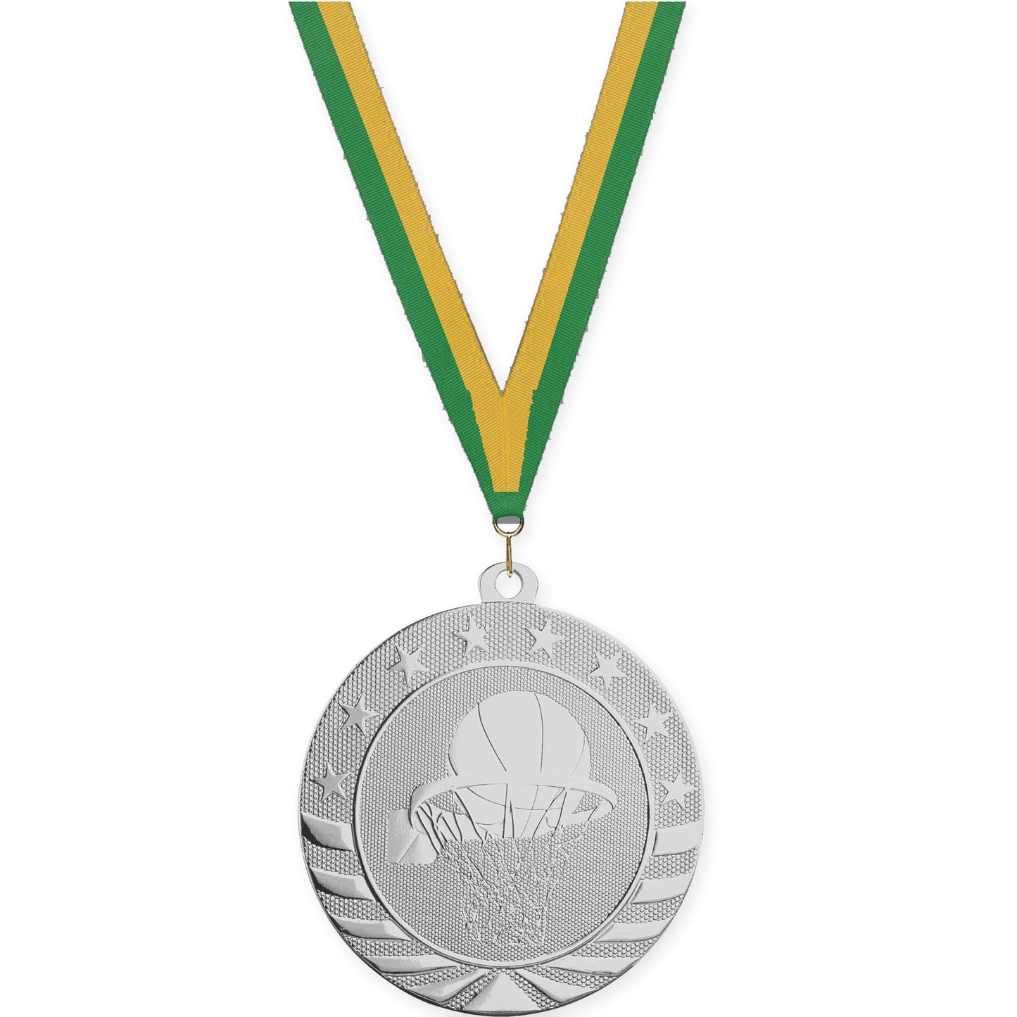 2 3/4 inch basketball Starbrite medal in bright silver with Green Gold neck ribbon