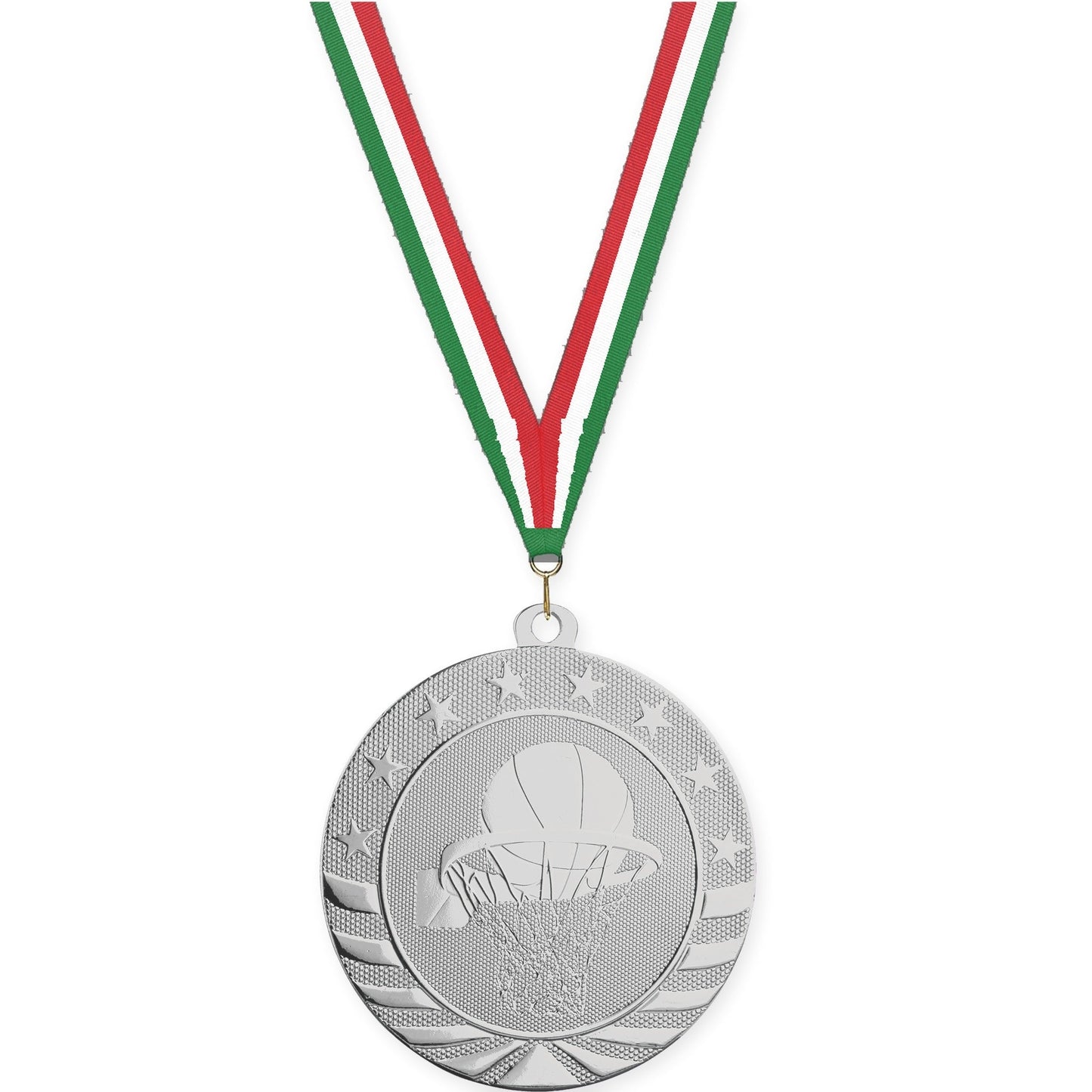 2 3/4 inch basketball Starbrite medal in bright silver with Green White Red neck ribbon