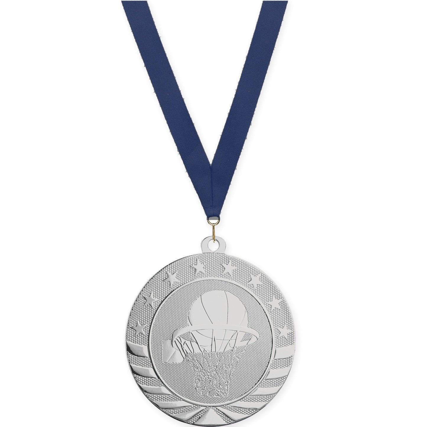 2 3/4 inch basketball Starbrite medal in bright silver with Navy neck ribbon