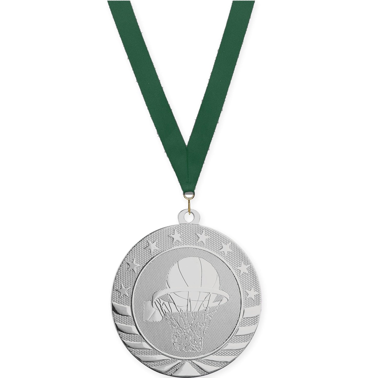 2 3/4 inch basketball Starbrite medal in bright silver with Hunter Green neck ribbon