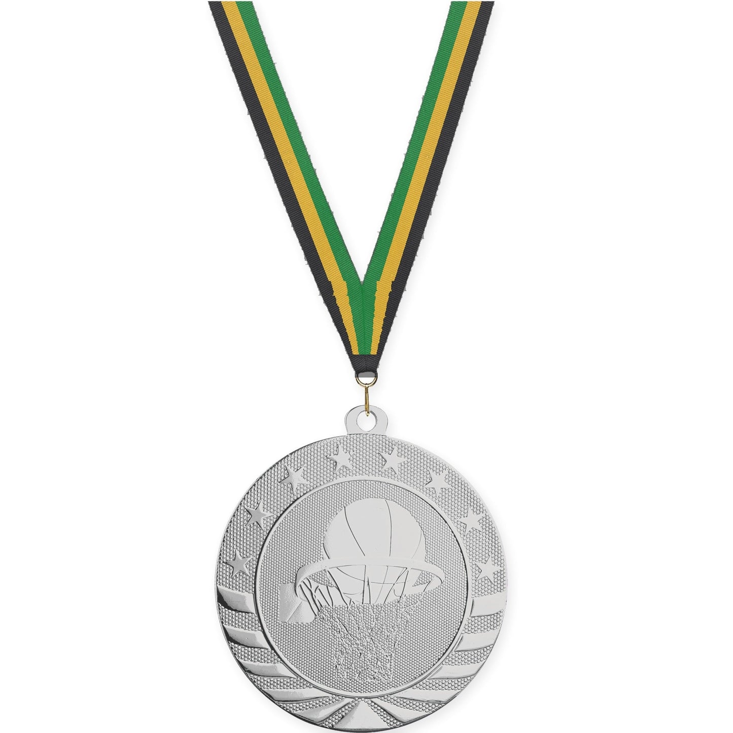 2 3/4 inch basketball Starbrite medal in bright silver with Black Gold Green neck ribbon