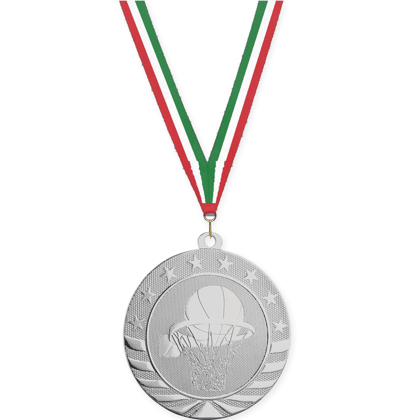 2 3/4 inch basketball Starbrite medal in bright silver with Red White Green neck ribbon