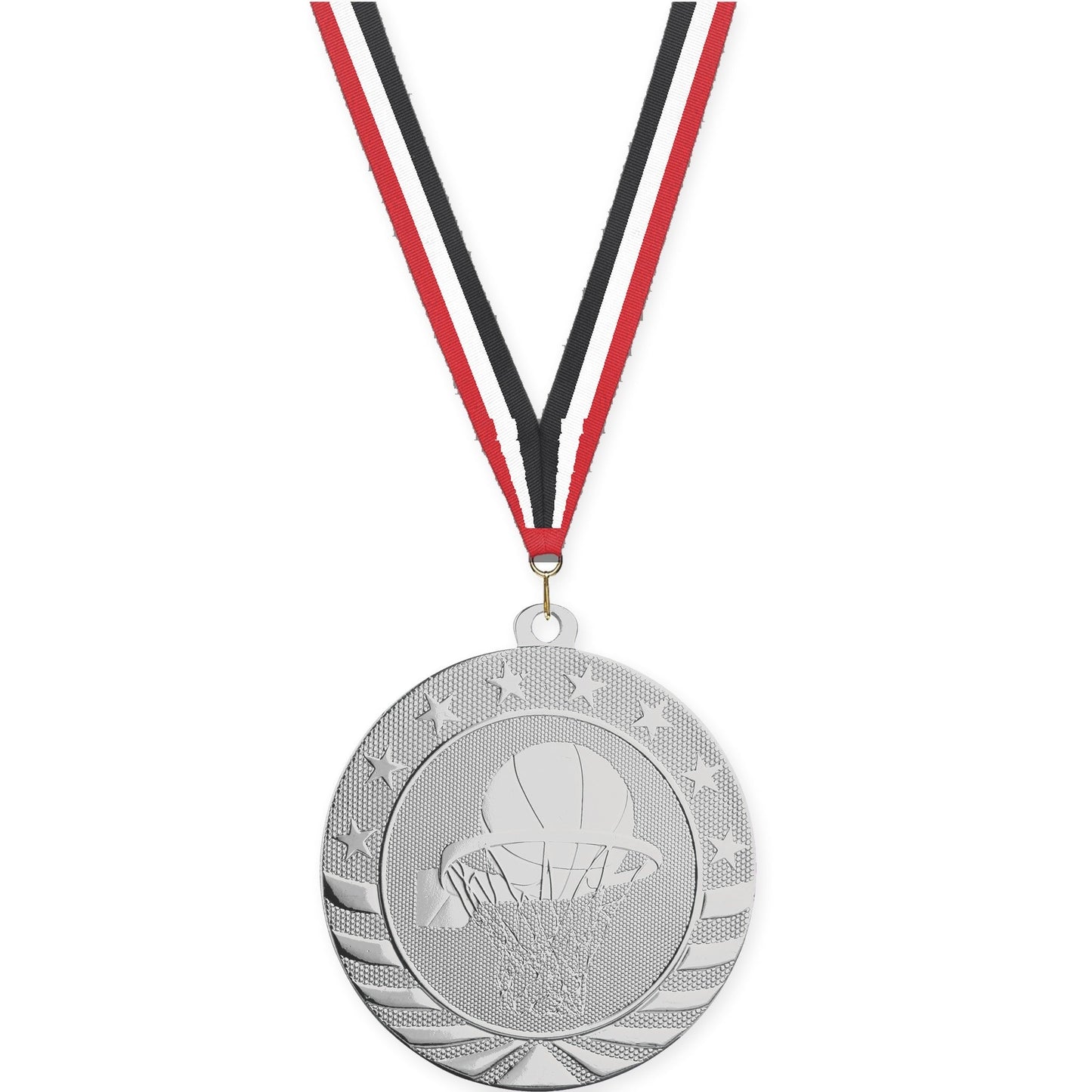 2 3/4 inch basketball Starbrite medal in bright silver with Red White Black neck ribbon