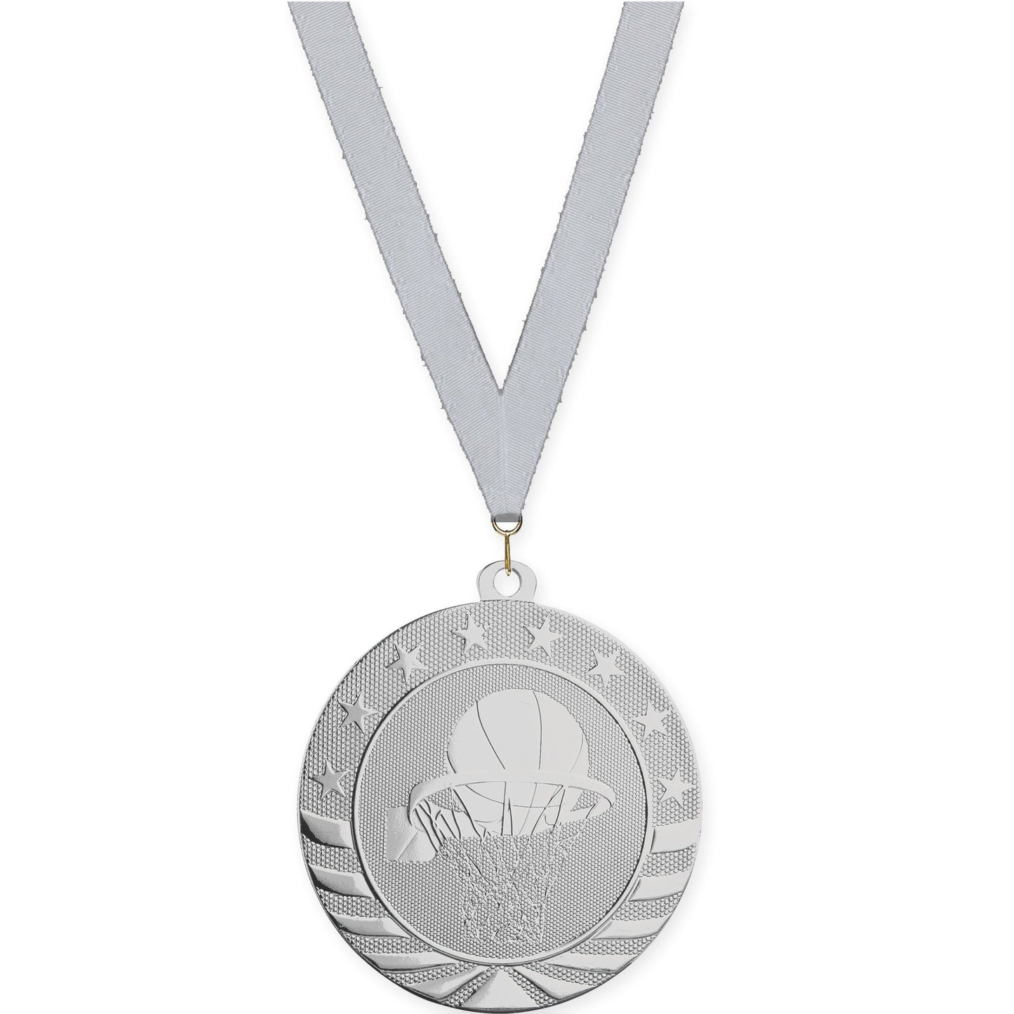 2 3/4 inch basketball Starbrite medal in bright silver with Silver Metallic neck ribbon