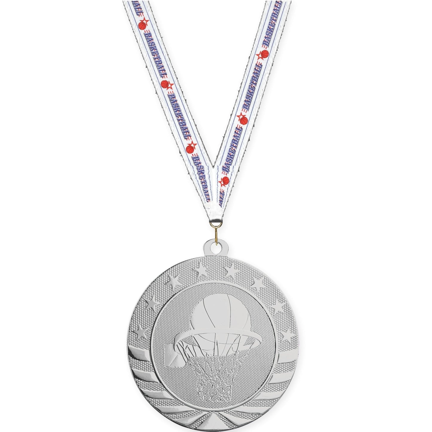 2 3/4 inch basketball Starbrite medal in bright silver with Basketball neck ribbon