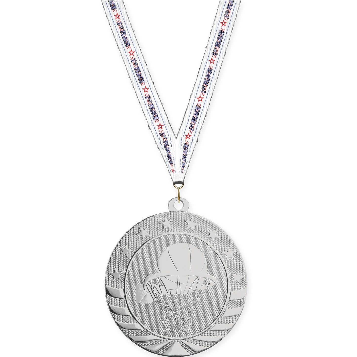 2 3/4 inch basketball Starbrite medal in bright silver with 1st Place neck ribbon