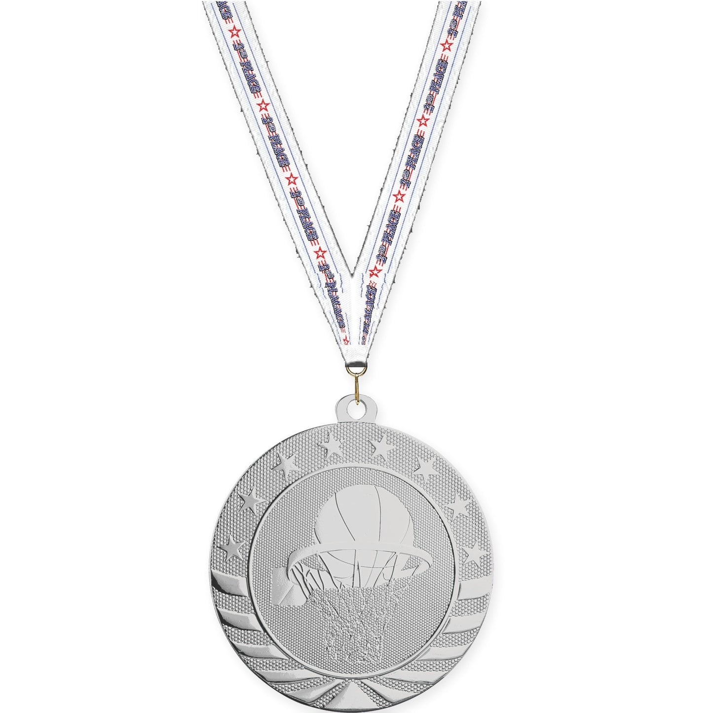 2 3/4 inch basketball Starbrite medal in bright silver with 2nd Place neck ribbon