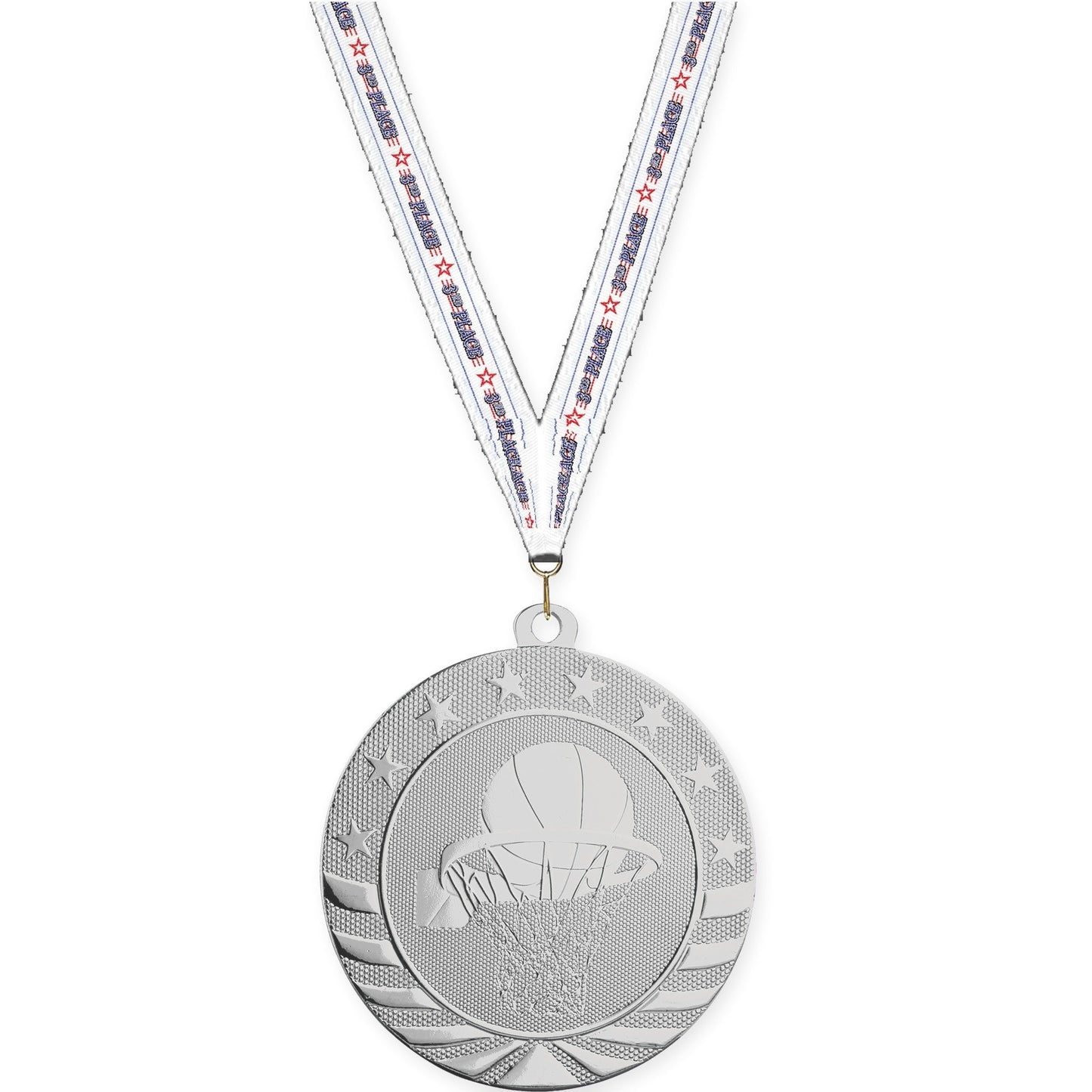 2 3/4 inch basketball Starbrite medal in bright silver with 3rd Place neck ribbon