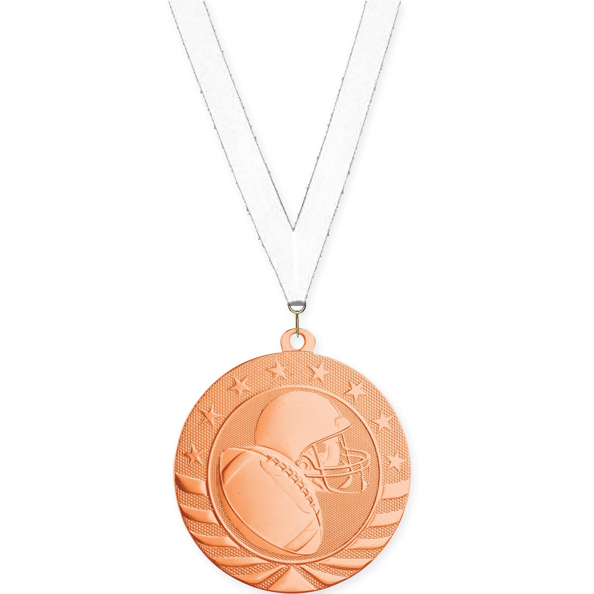 2 3/4 inch football Starbrite medal in bright bronze with White neck ribbon