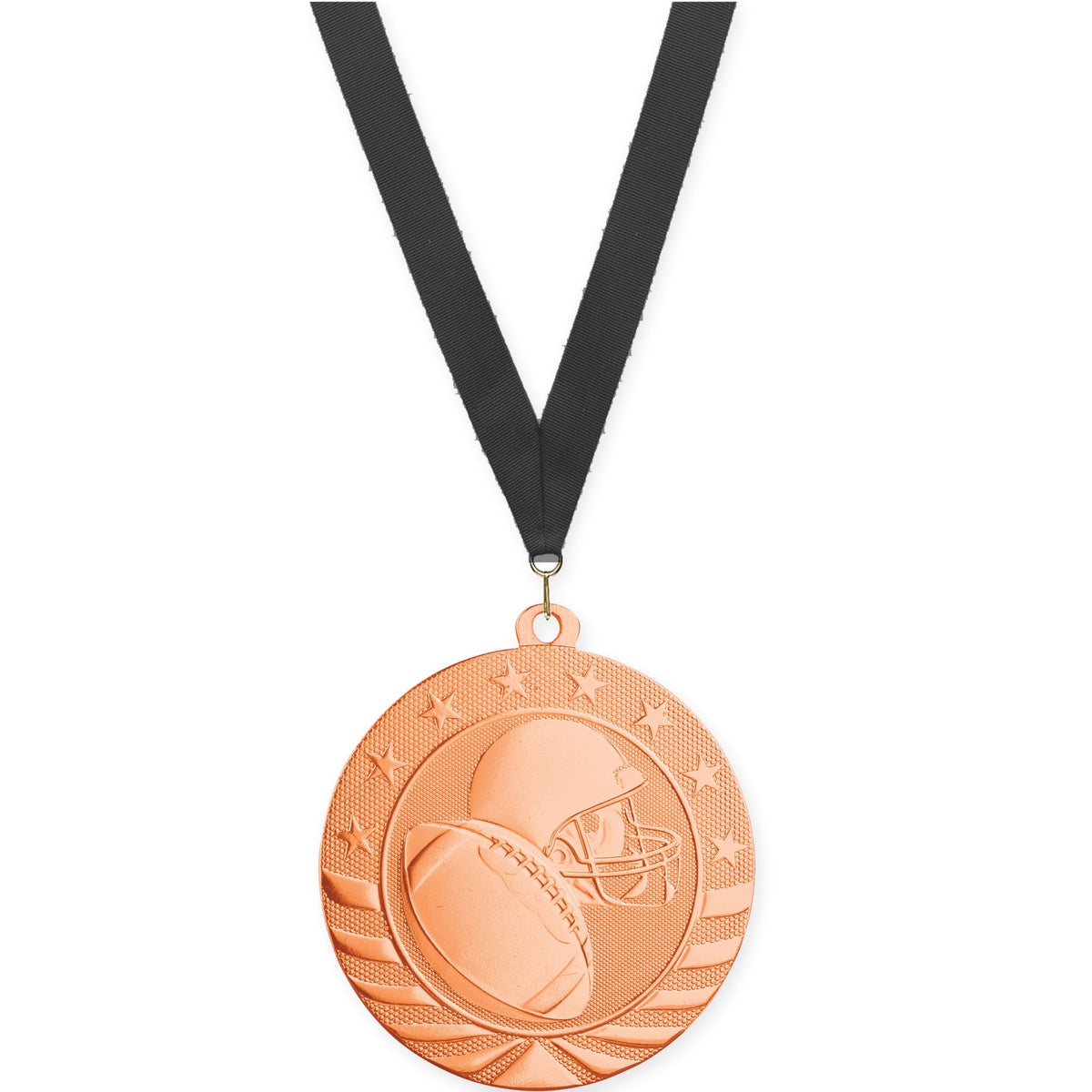 2 3/4 inch football Starbrite medal in bright bronze with Black neck ribbon