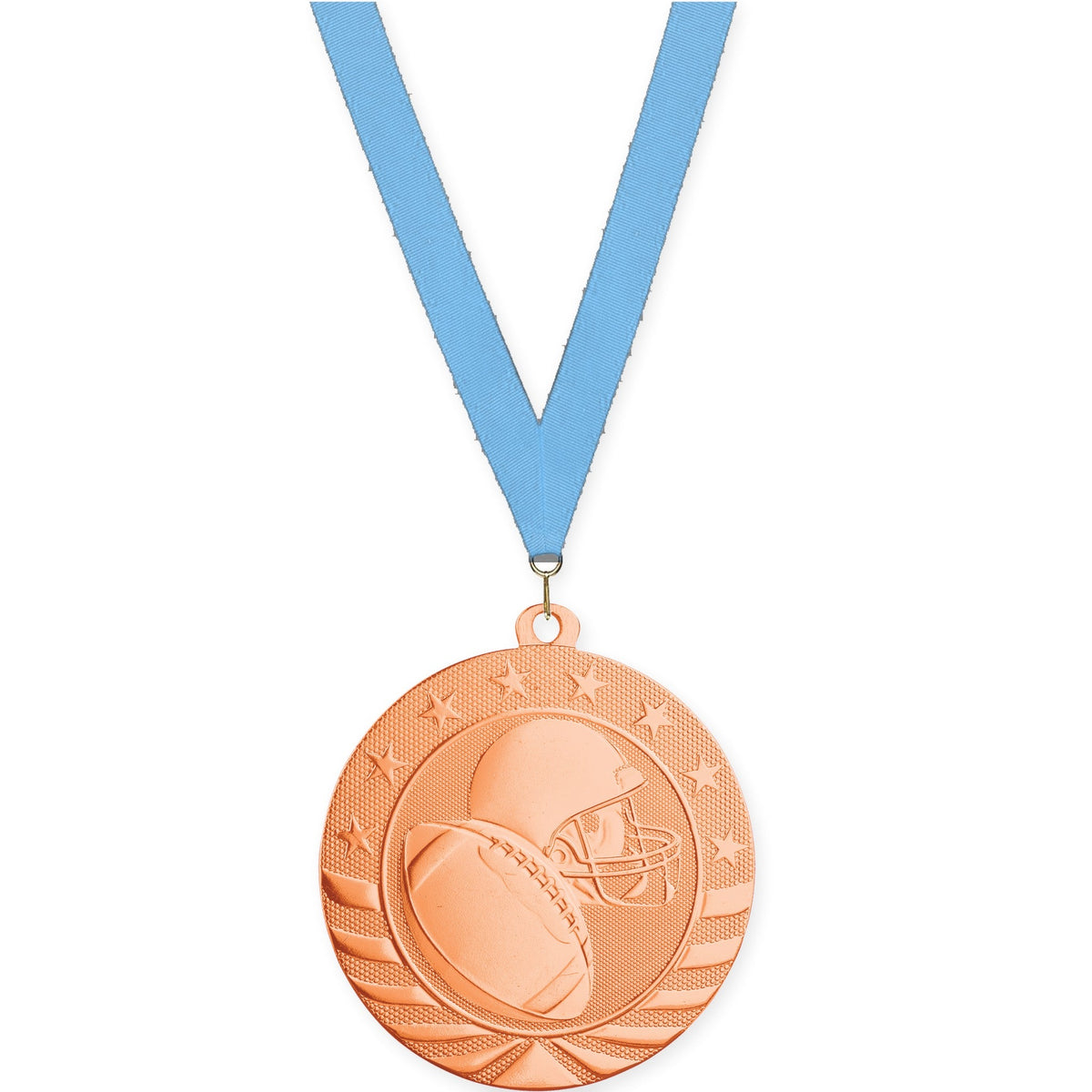 2 3/4 inch football Starbrite medal in bright bronze with Light Blue neck ribbon