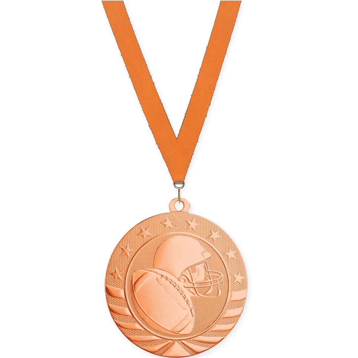 2 3/4 inch football Starbrite medal in bright bronze with Orange neck ribbon
