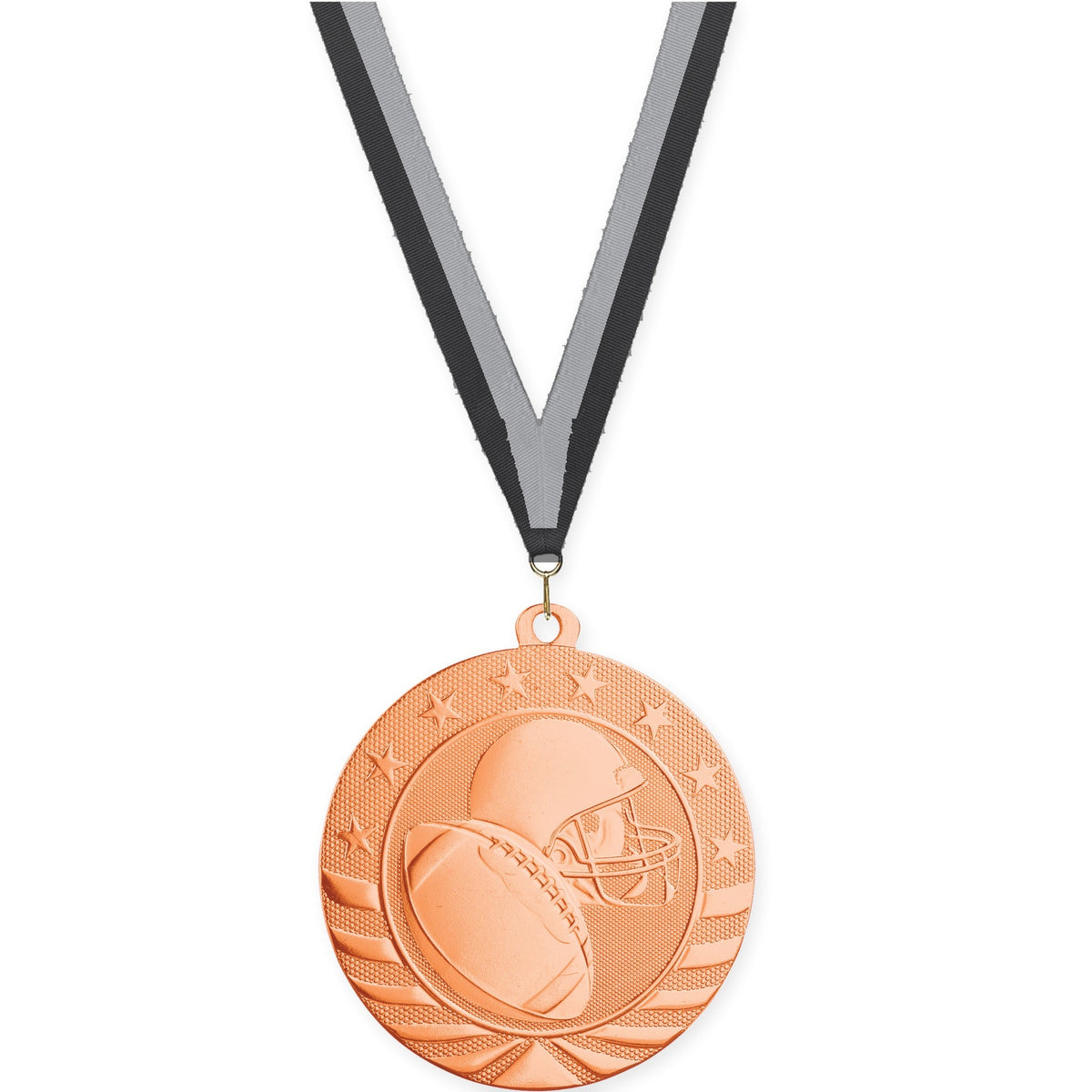 2 3/4 inch football Starbrite medal in bright bronze with Black Gray neck ribbon