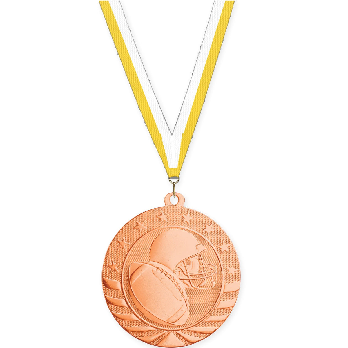 2 3/4 inch football Starbrite medal in bright bronze with Yellow White neck ribbon