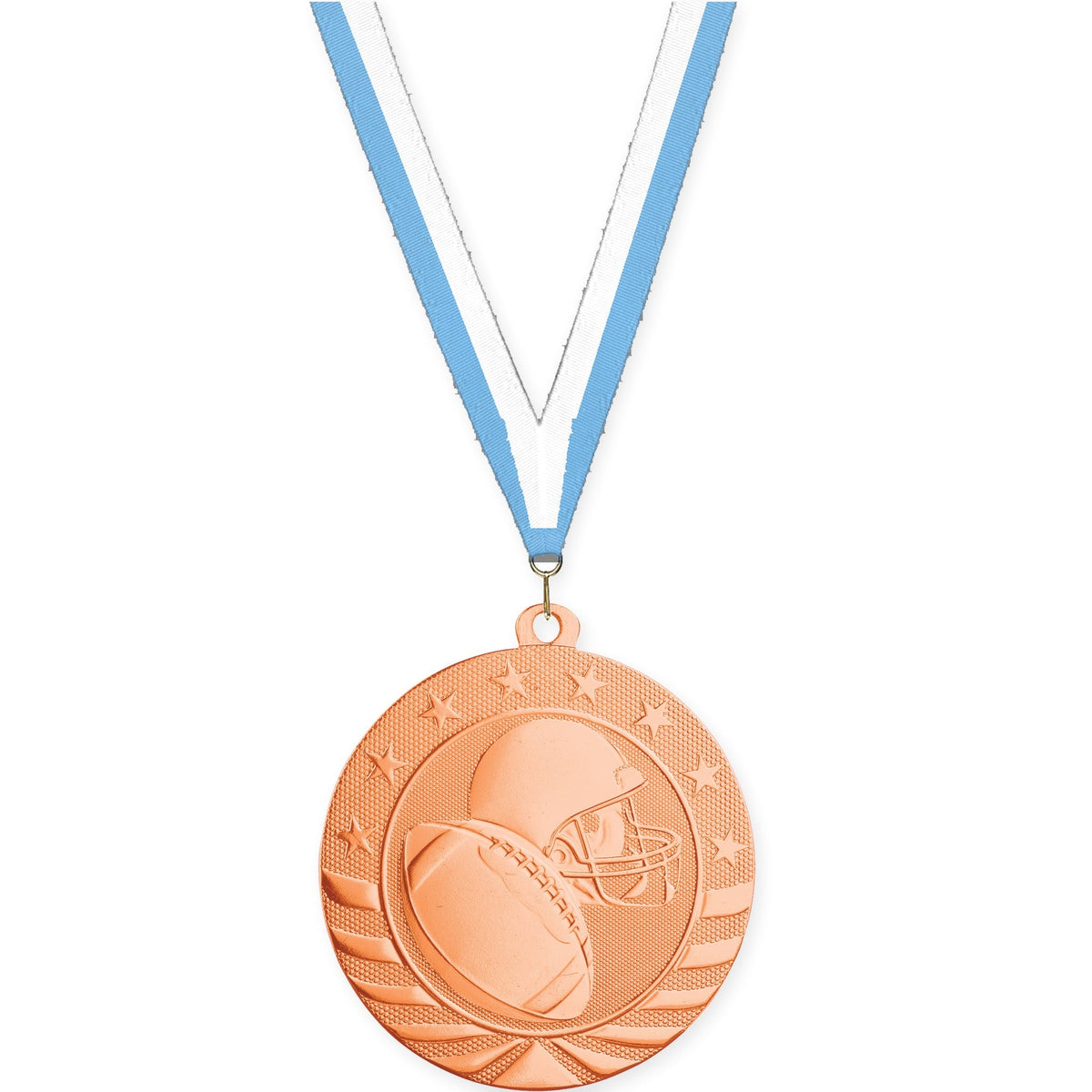 2 3/4 inch football Starbrite medal in bright bronze with Light Blue White neck ribbon