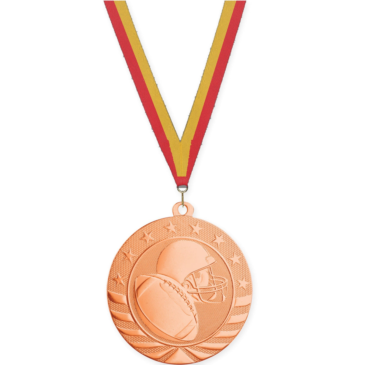 2 3/4 inch football Starbrite medal in bright bronze with Red Gold neck ribbon